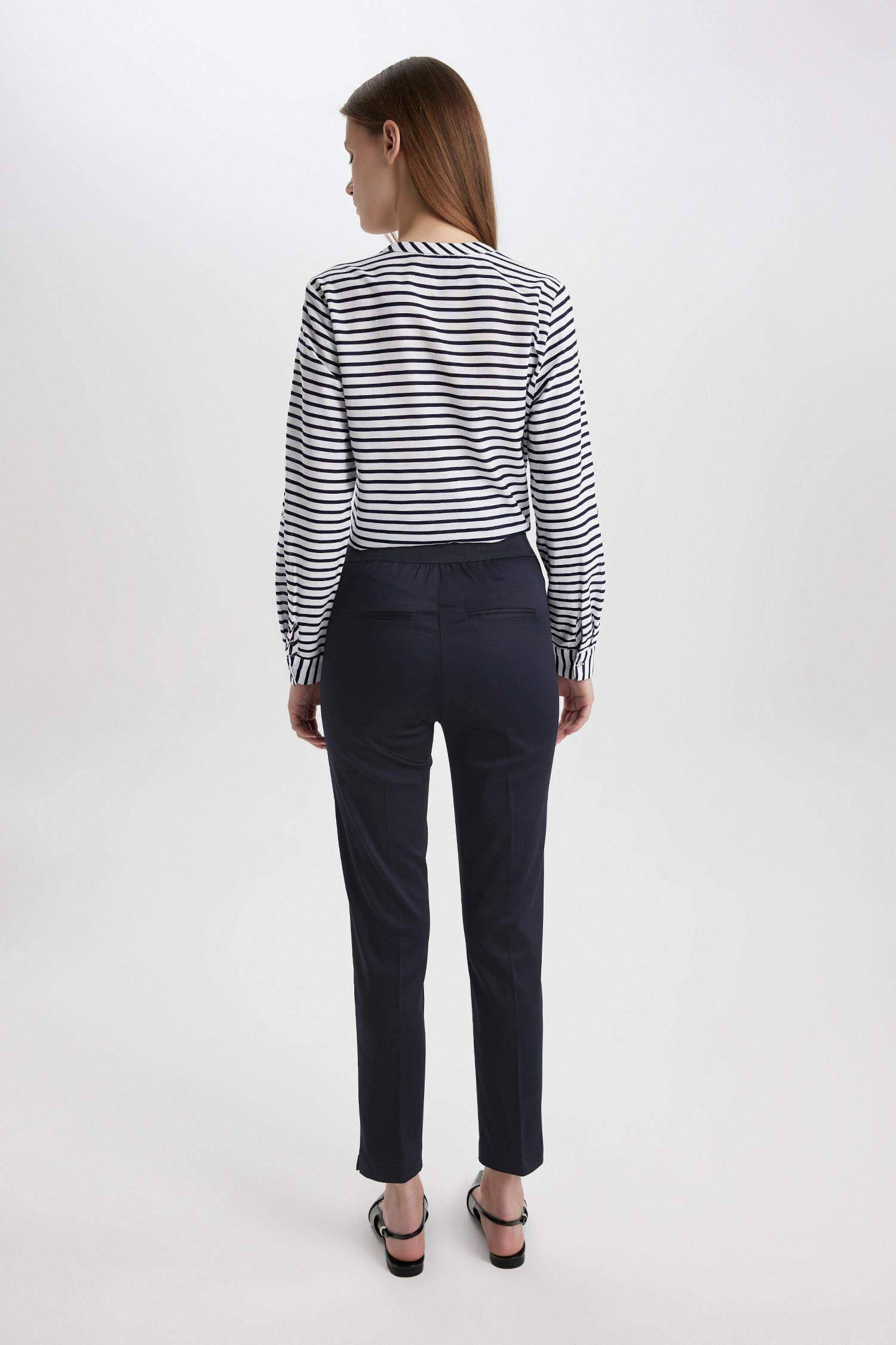 Sigaret Saten Kumaş Pantolon Lacivert Normal Bel Basic Düz Beli Lastikli Düz Paça