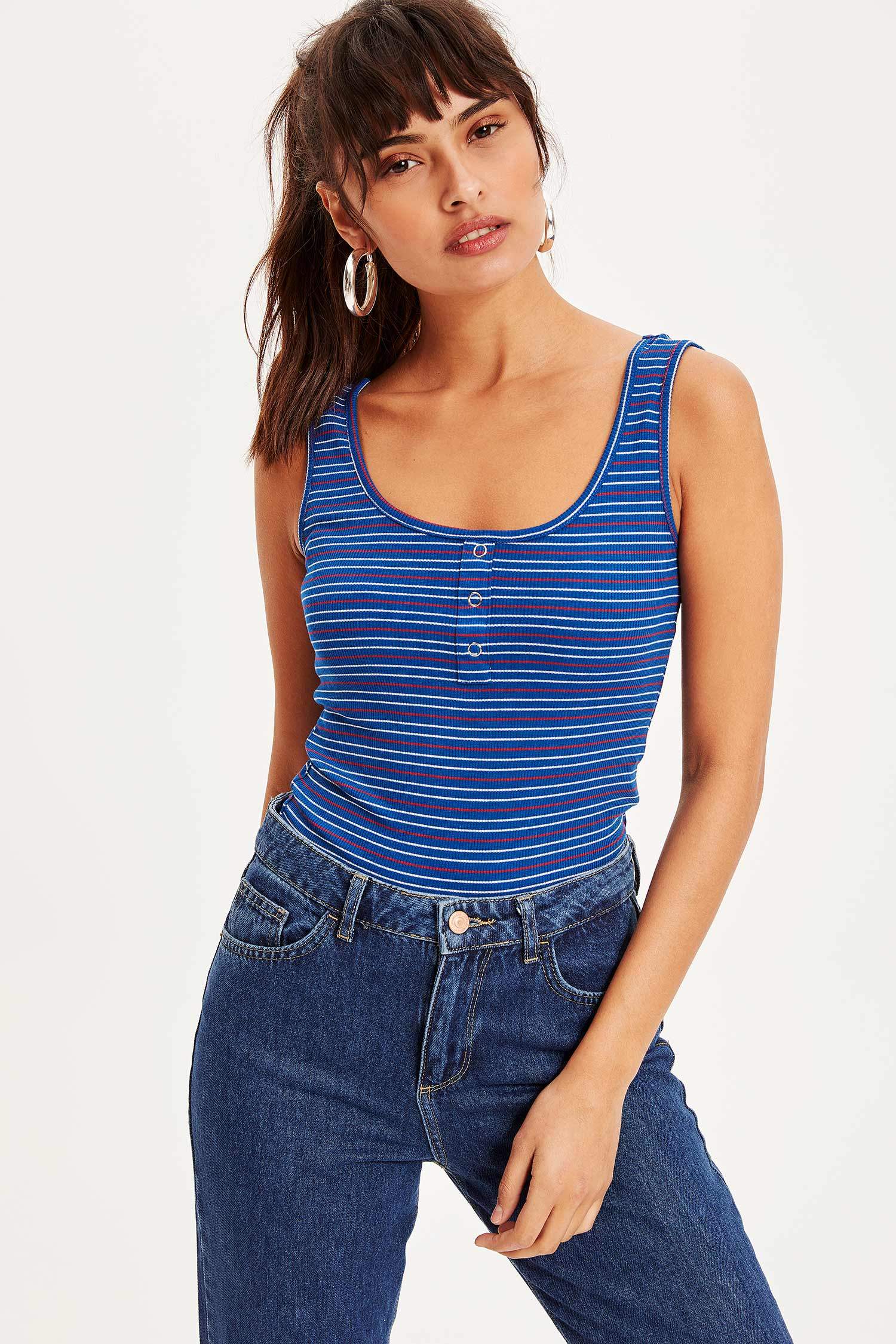 Defacto Düğme Detaylı Çizgili Slim Fit Atlet. 1