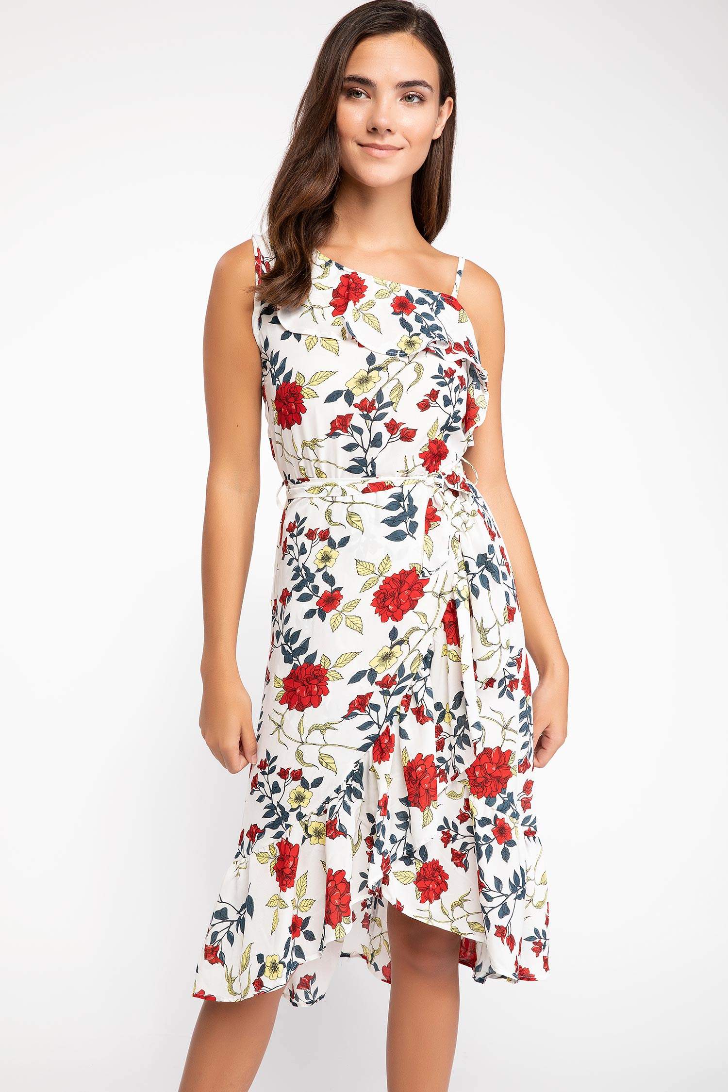 Defacto Tek Kol Fırfır Detaylı Çiçekli Elbise. 1