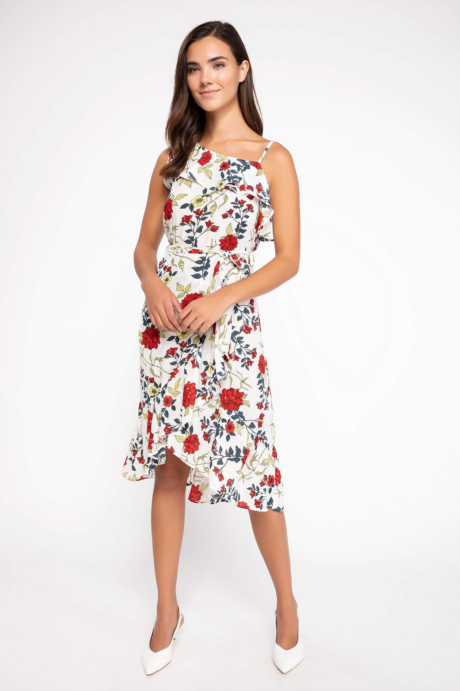 Defacto Tek Kol Fırfır Detaylı Çiçekli Elbise. 3