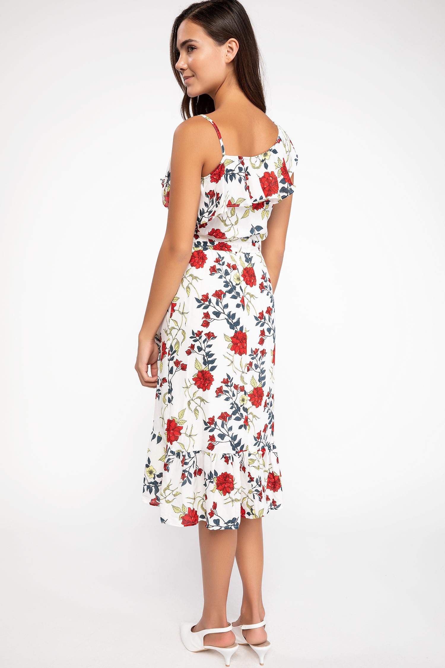 Defacto Tek Kol Fırfır Detaylı Çiçekli Elbise. 4