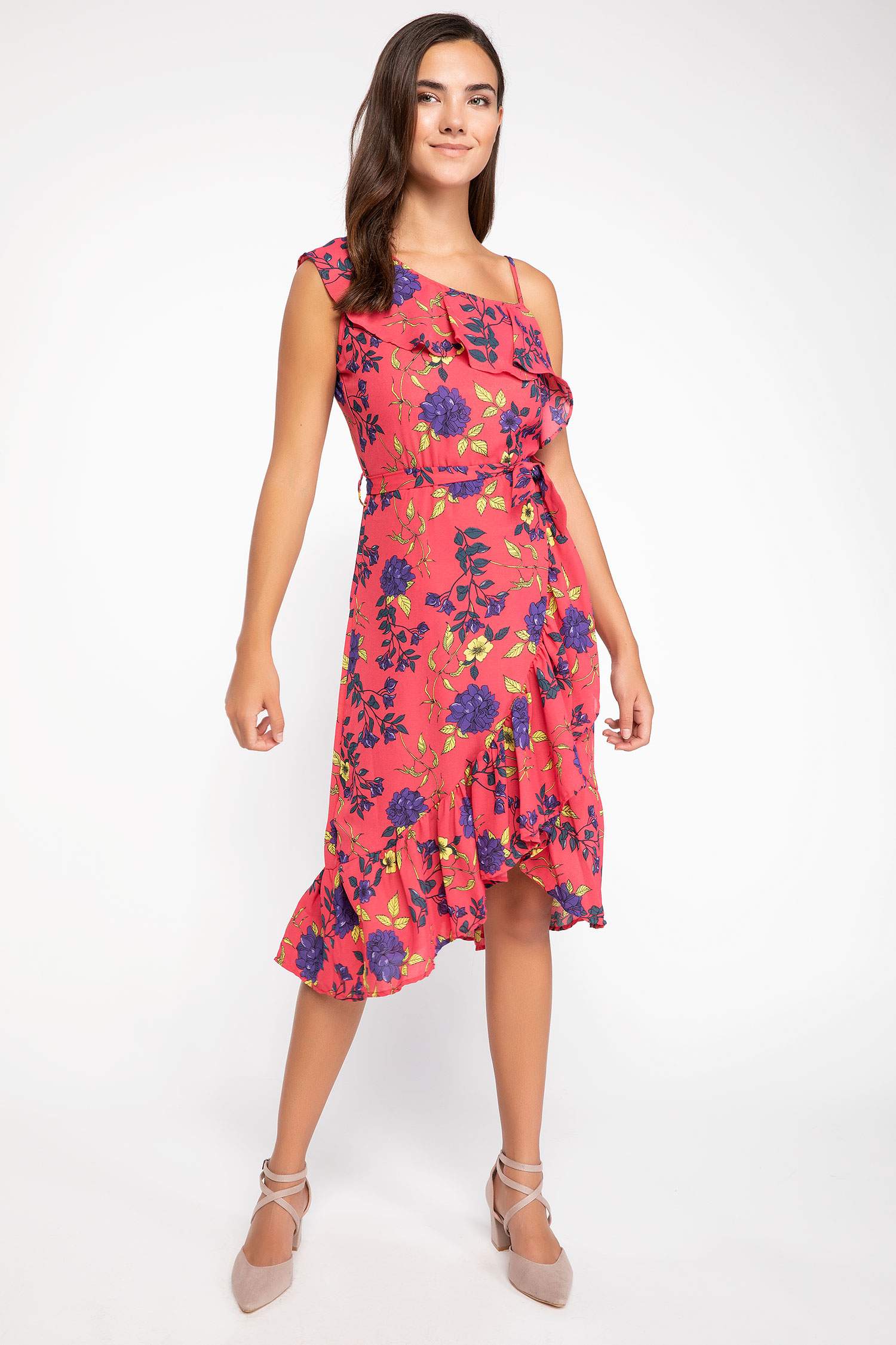 Defacto Tek Kol Fırfır Detaylı Çiçekli Elbise. 2