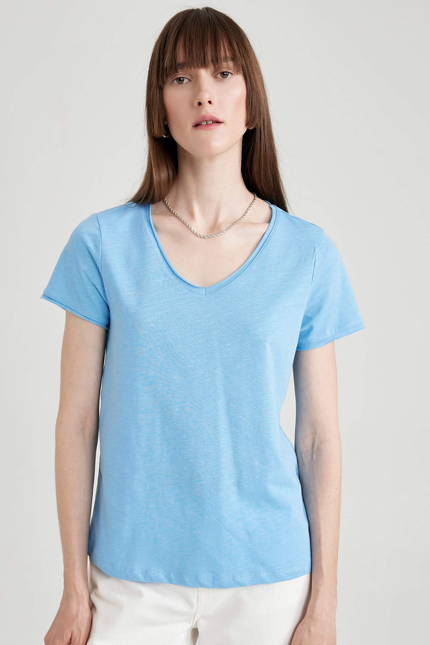 Regular Fit V Neck Short Sleeve Cotton Basic T-Shirt