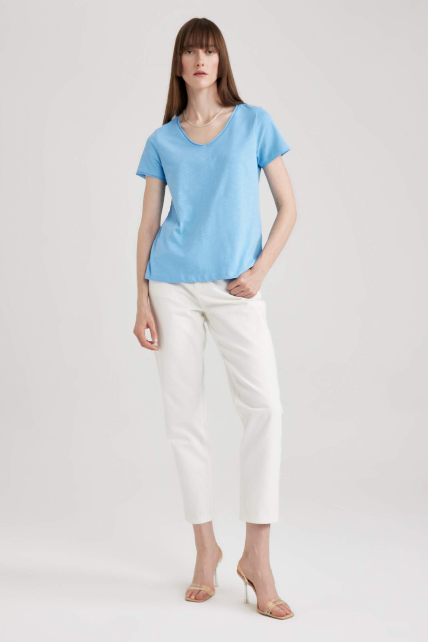 Regular Fit V Neck Short Sleeve Cotton Basic T-Shirt