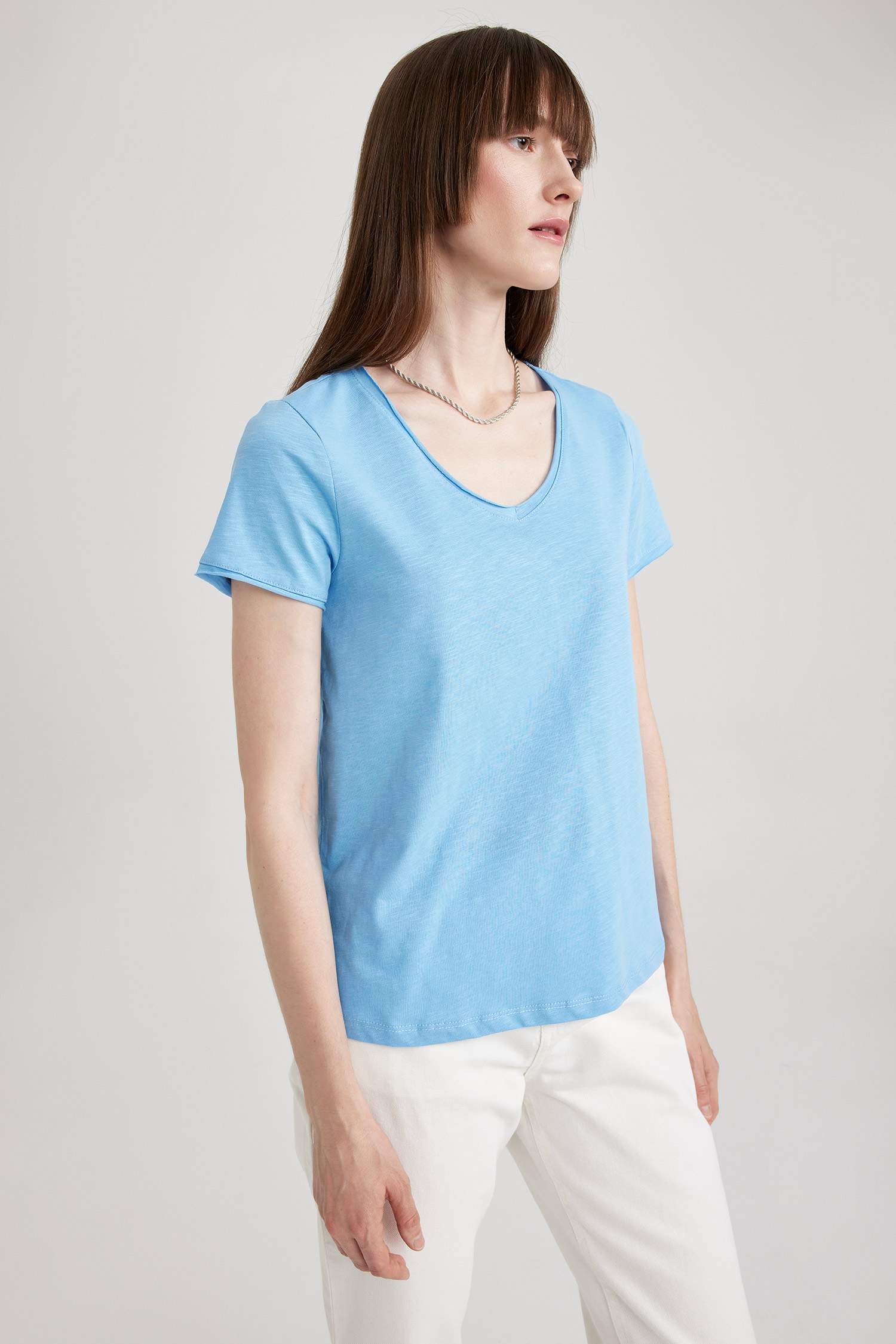 Regular Fit V Neck Short Sleeve Cotton Basic T-Shirt