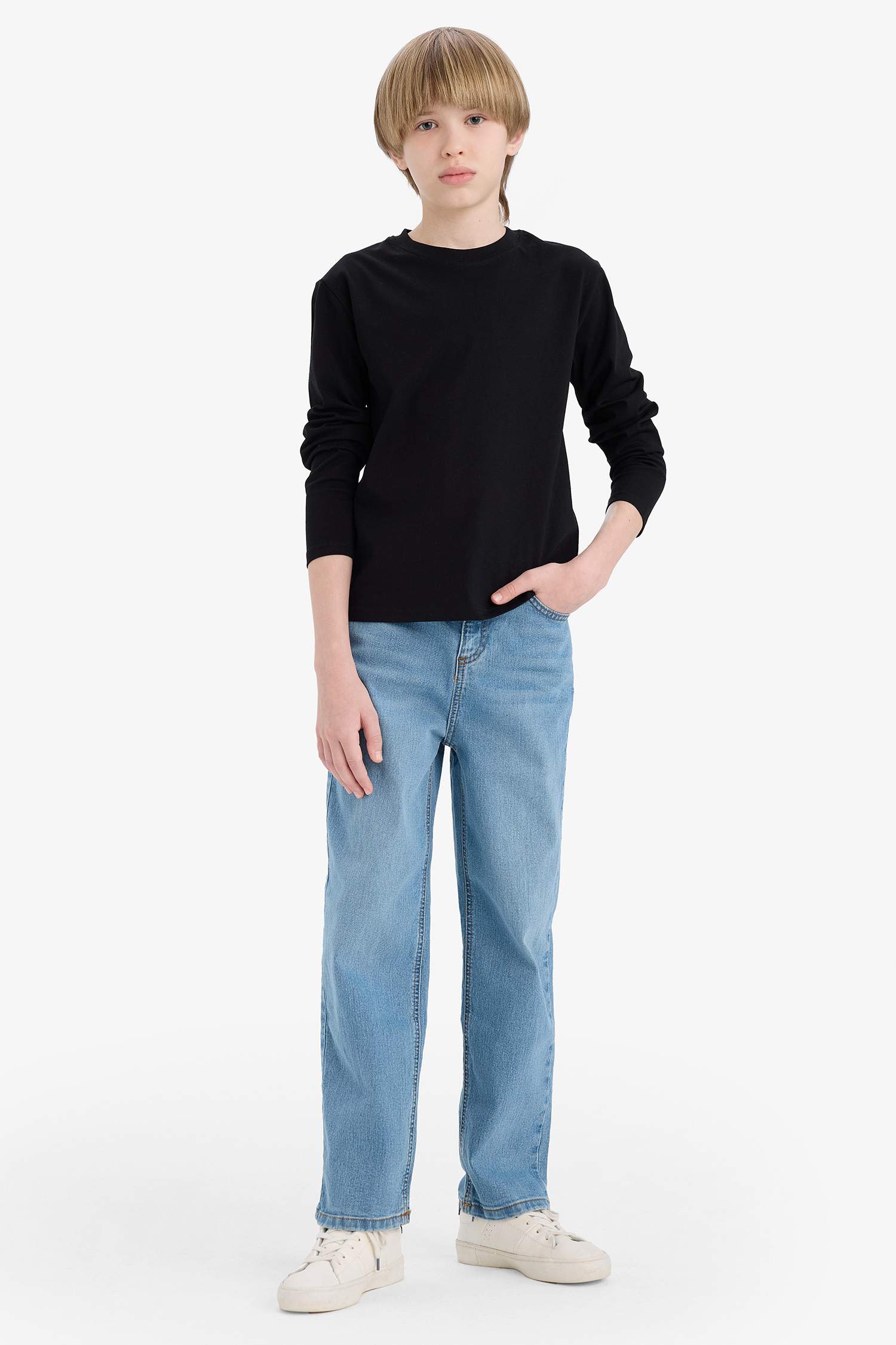 Erkek Çocuk Bisiklet Yaka Basic Düz Uzun Kollu Okul Tişörtü