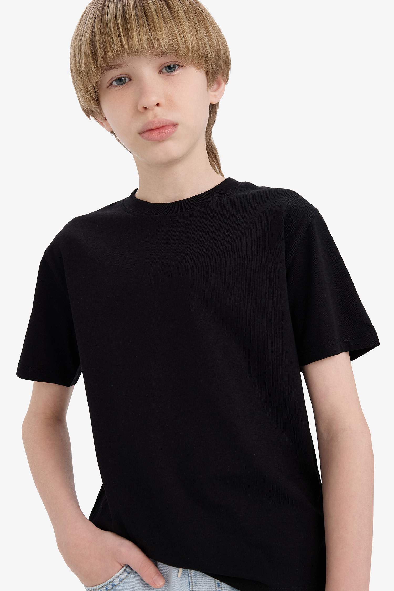 Erkek Çocuk Bisiklet Yaka Basic Düz Kısa Kollu Okul Tişörtü