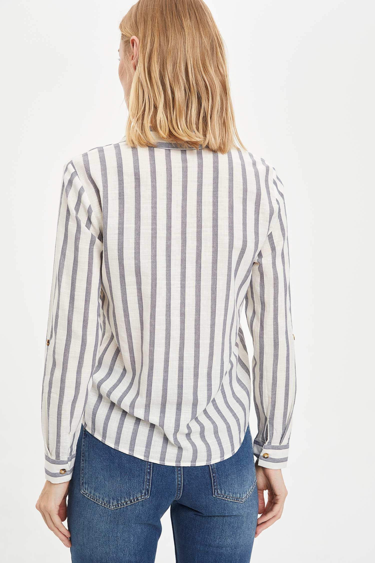 Anthracite WOMAN Striped Shirt with Foldable Sleeves 1039063 | DeFacto