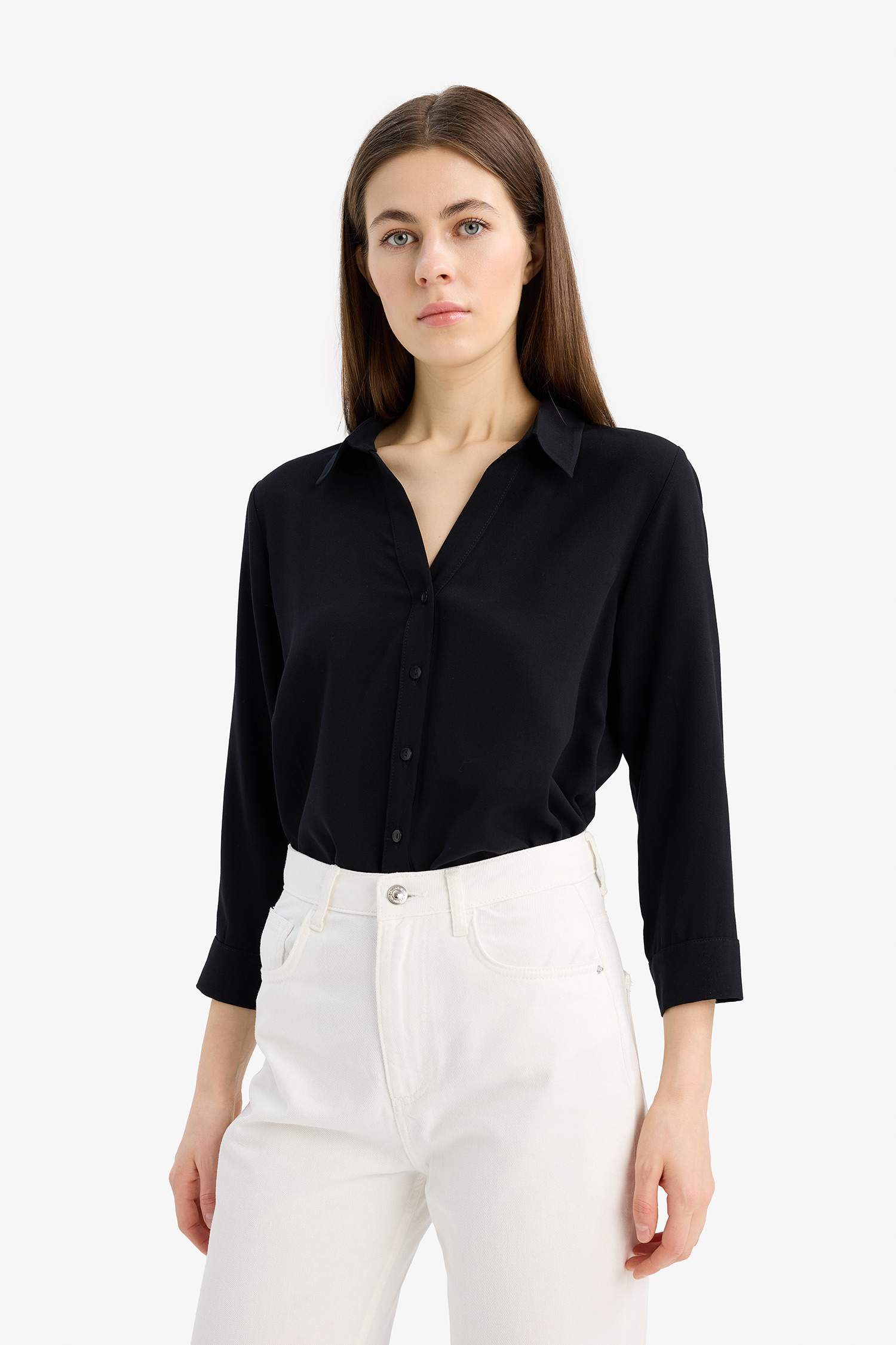 Regular Fit Basic Düz Uzun Kollu Siyah Gömlek