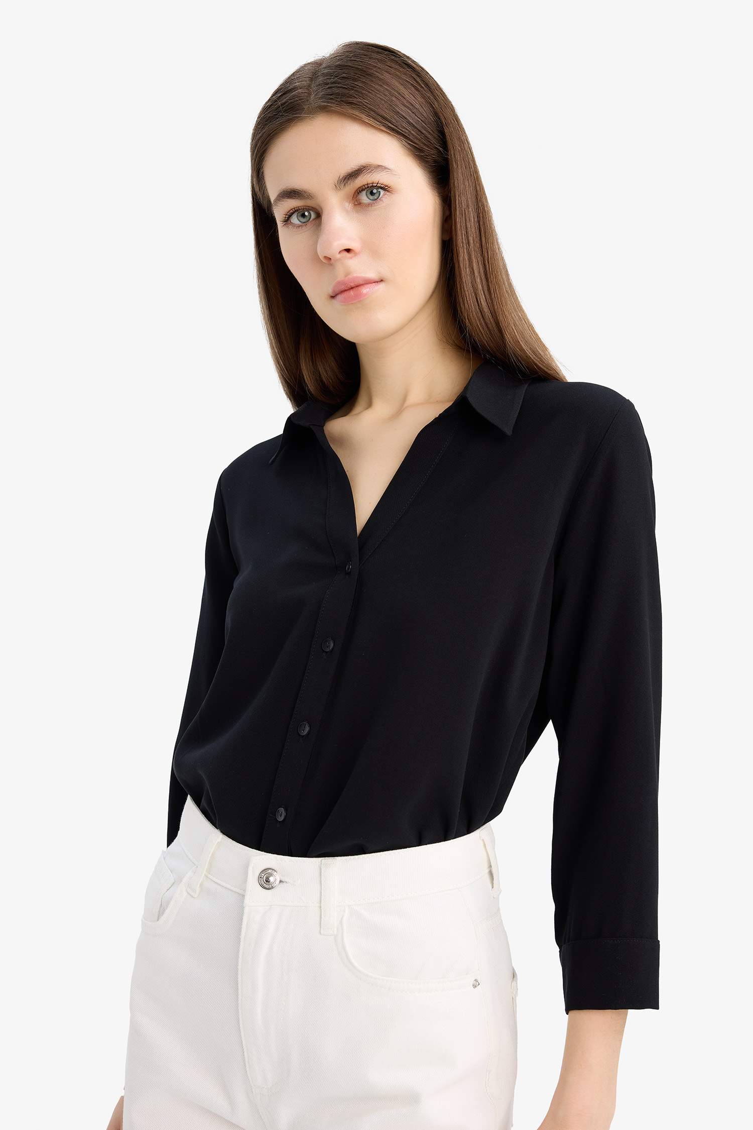 Regular Fit Basic Düz Uzun Kollu Siyah Gömlek