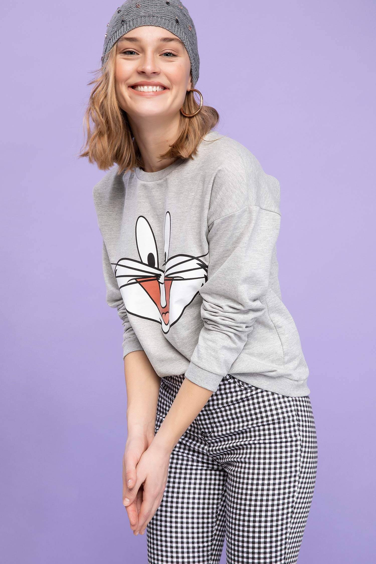 Gri Kadn Bugs Bunny Baskl Lisansl Sweatshirt 918288