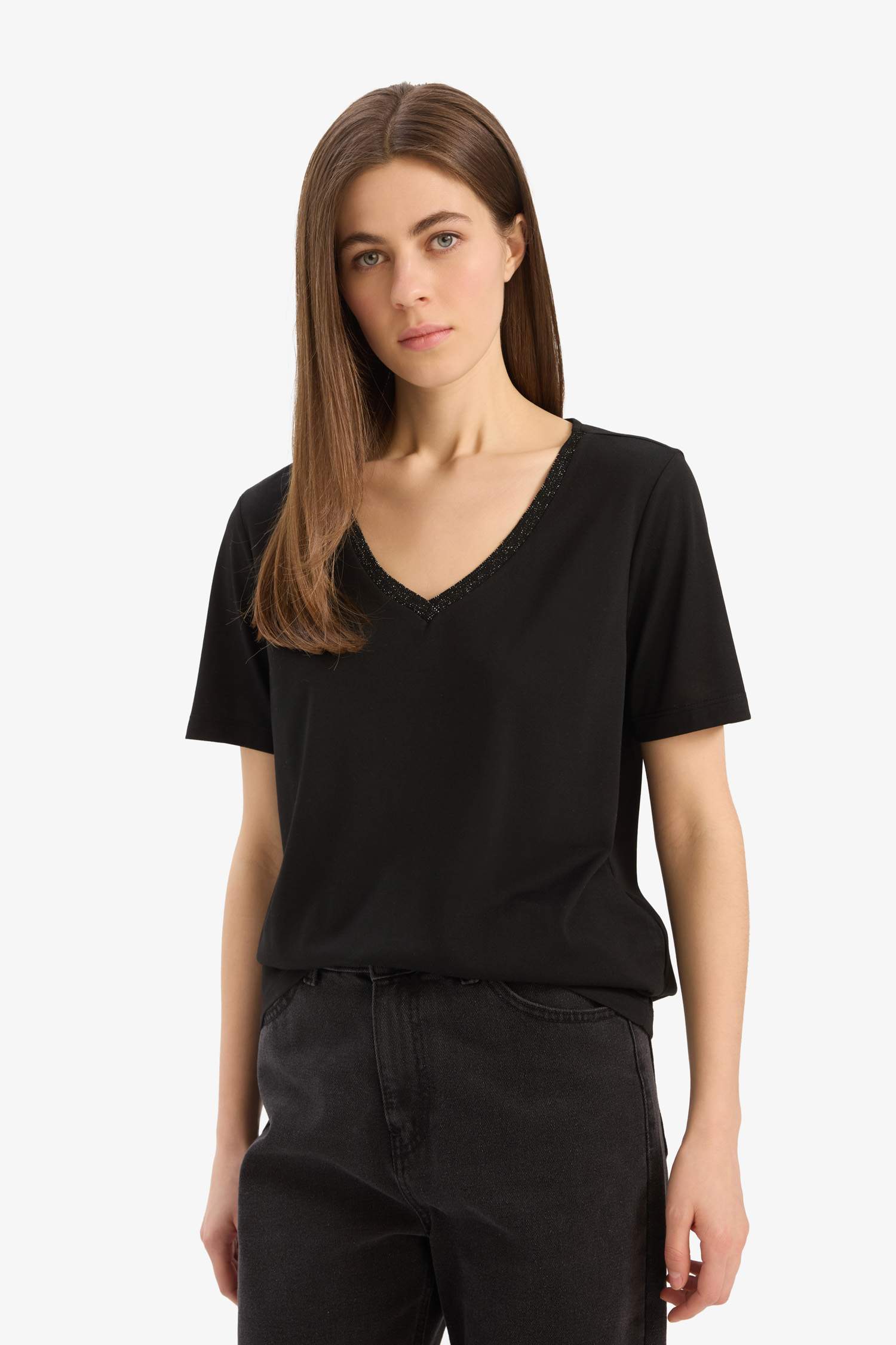 Regular Fit V Yaka Basic Düz Kısa Kollu Siyah Tişört