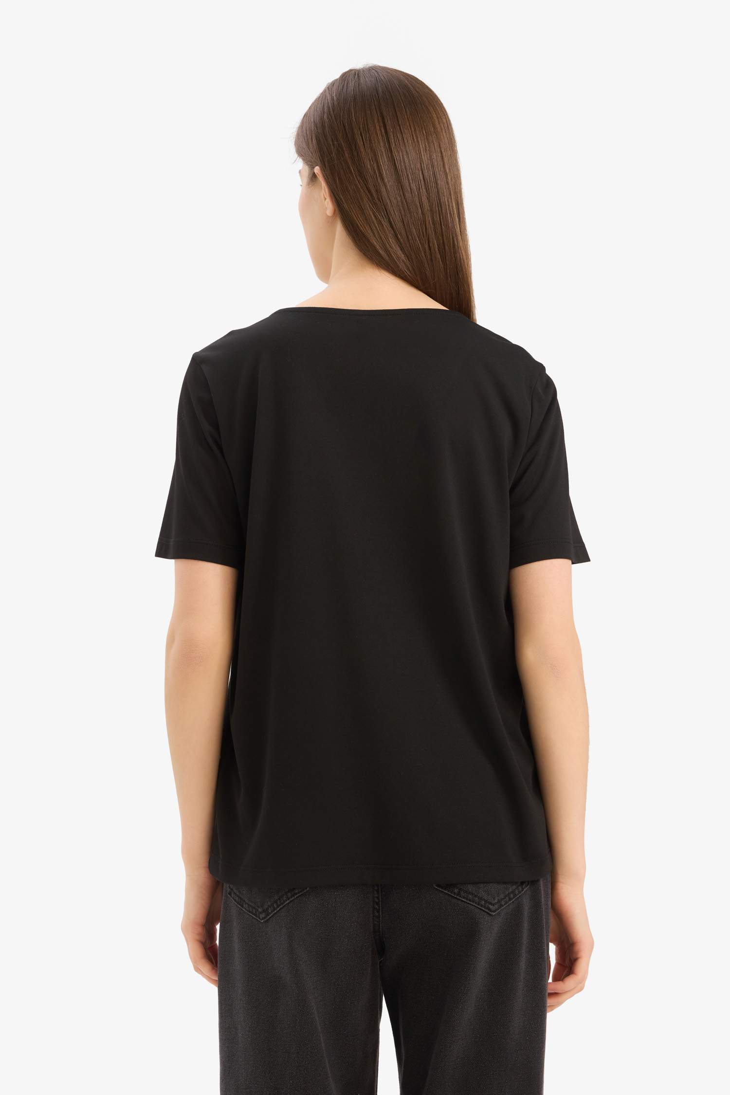 Regular Fit V Yaka Basic Düz Kısa Kollu Siyah Tişört