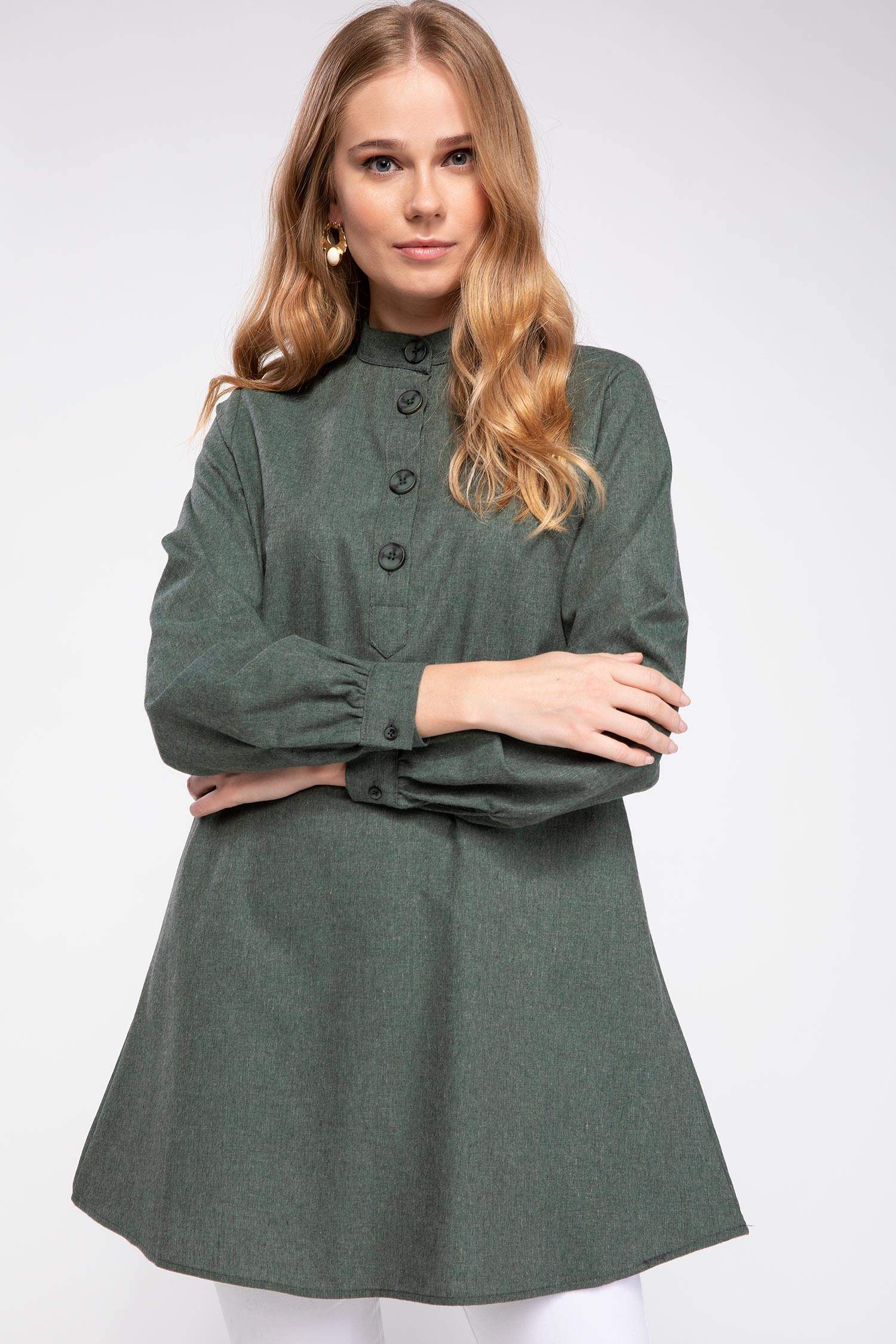 Defacto Yakası Düğme Detaylı Uzun Kollu Relax Fit Tunik. 5