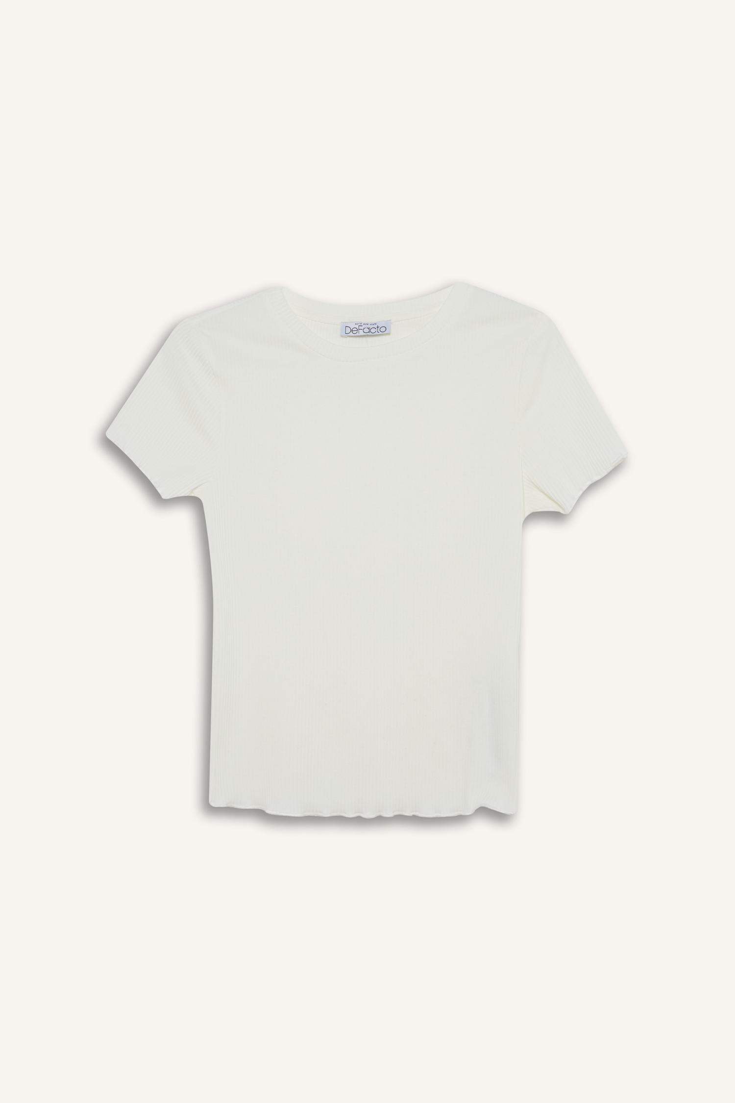 Fitted Bisiklet Yaka Basic Düz Fitilli Kaşkorse Kısa Kollu Beyaz Tişört