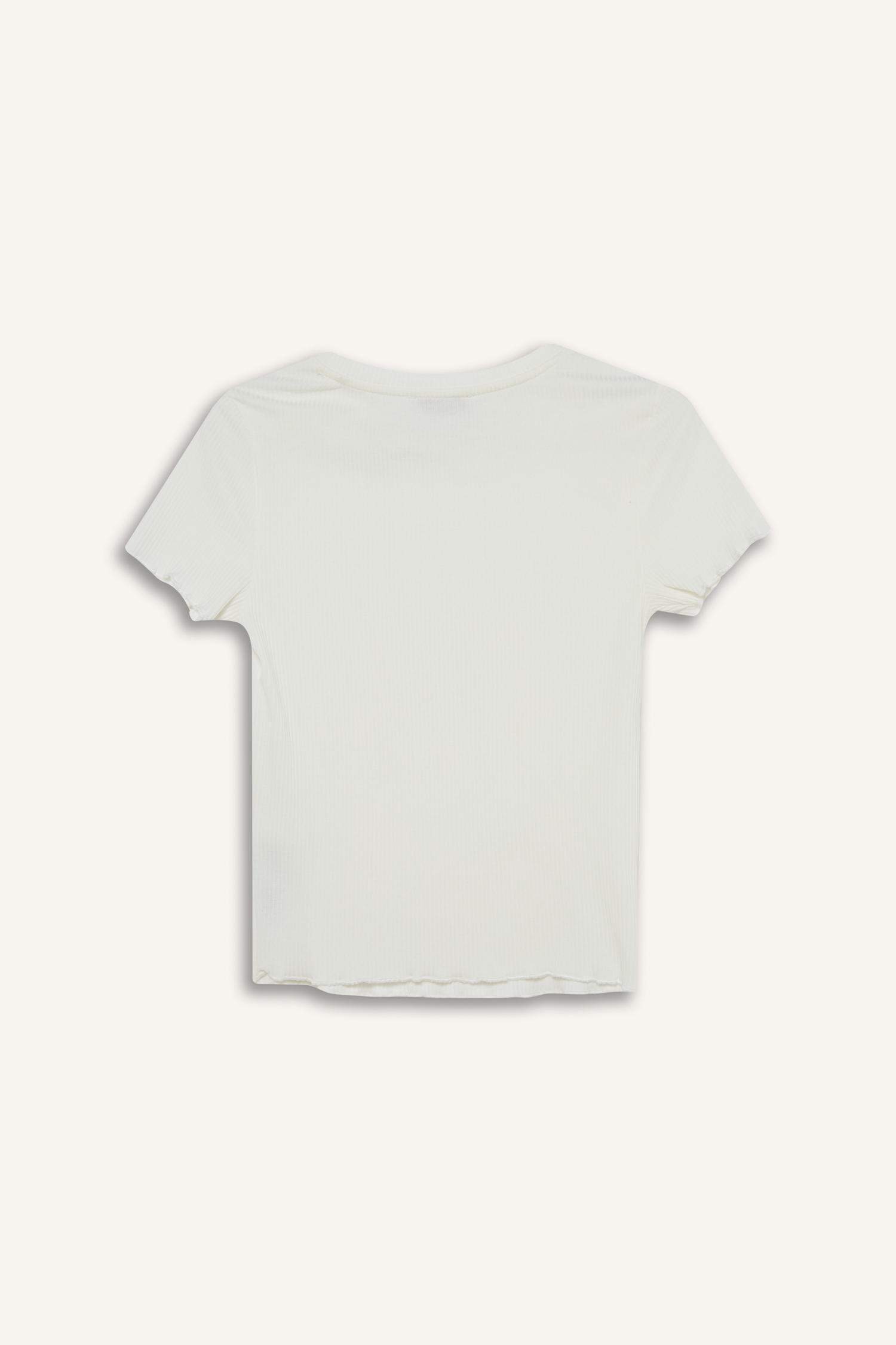 Fitted Bisiklet Yaka Basic Düz Fitilli Kaşkorse Kısa Kollu Beyaz Tişört