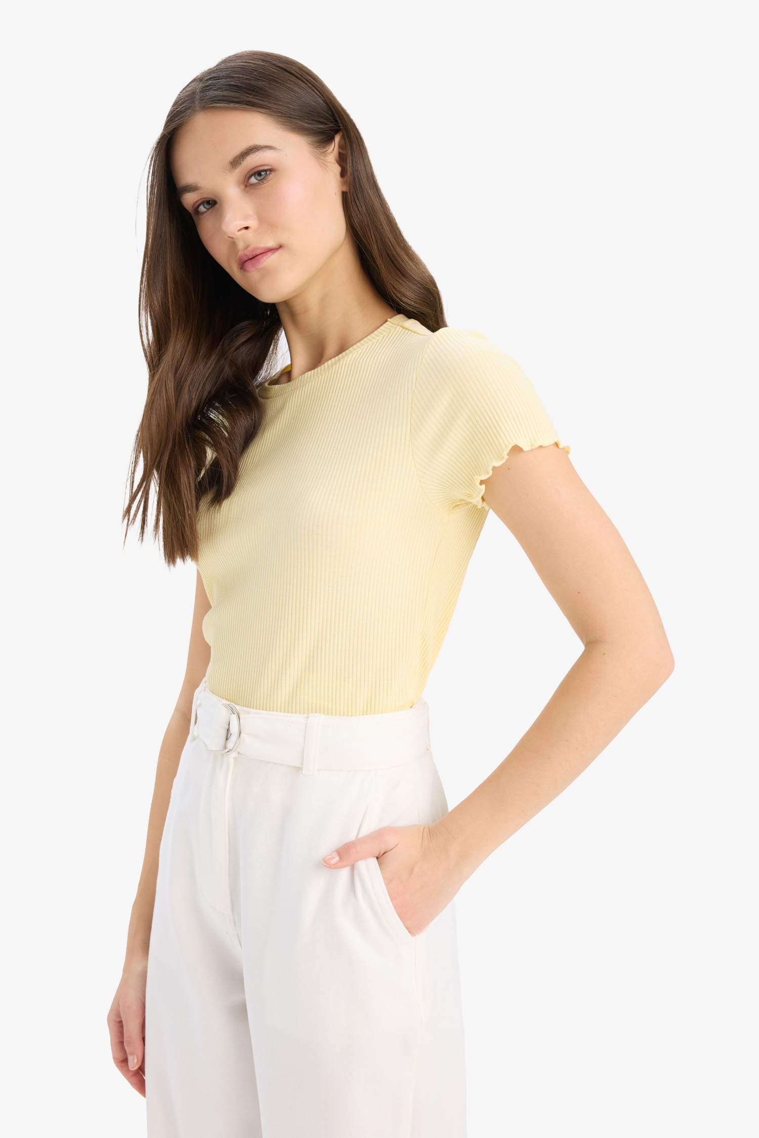 Fitted Bisiklet Yaka Fitilli Kaşkorse Kısa Kollu Tişört