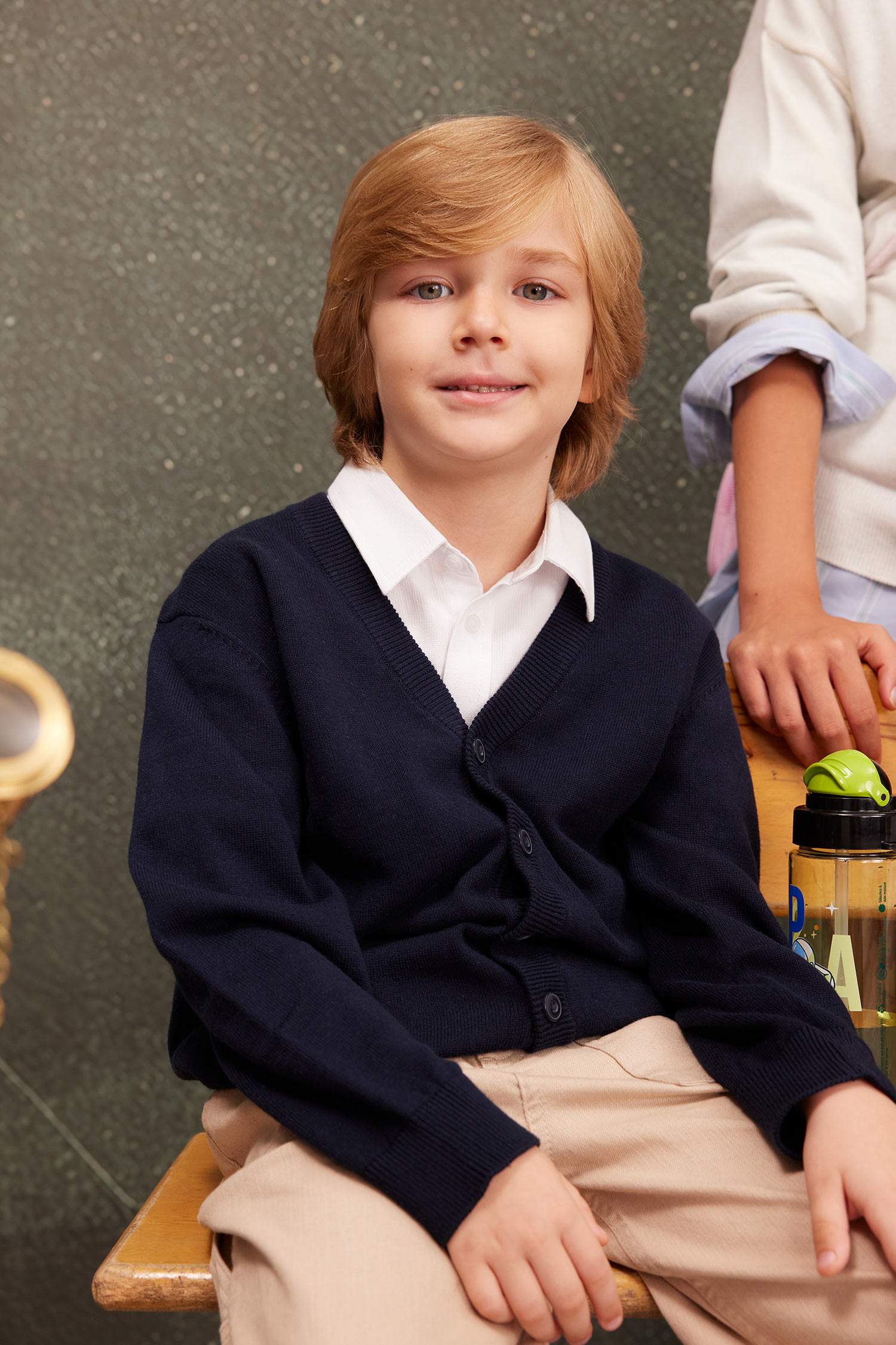 Boy Navy Blue V Neck Buttoned Knitted School Cardigan