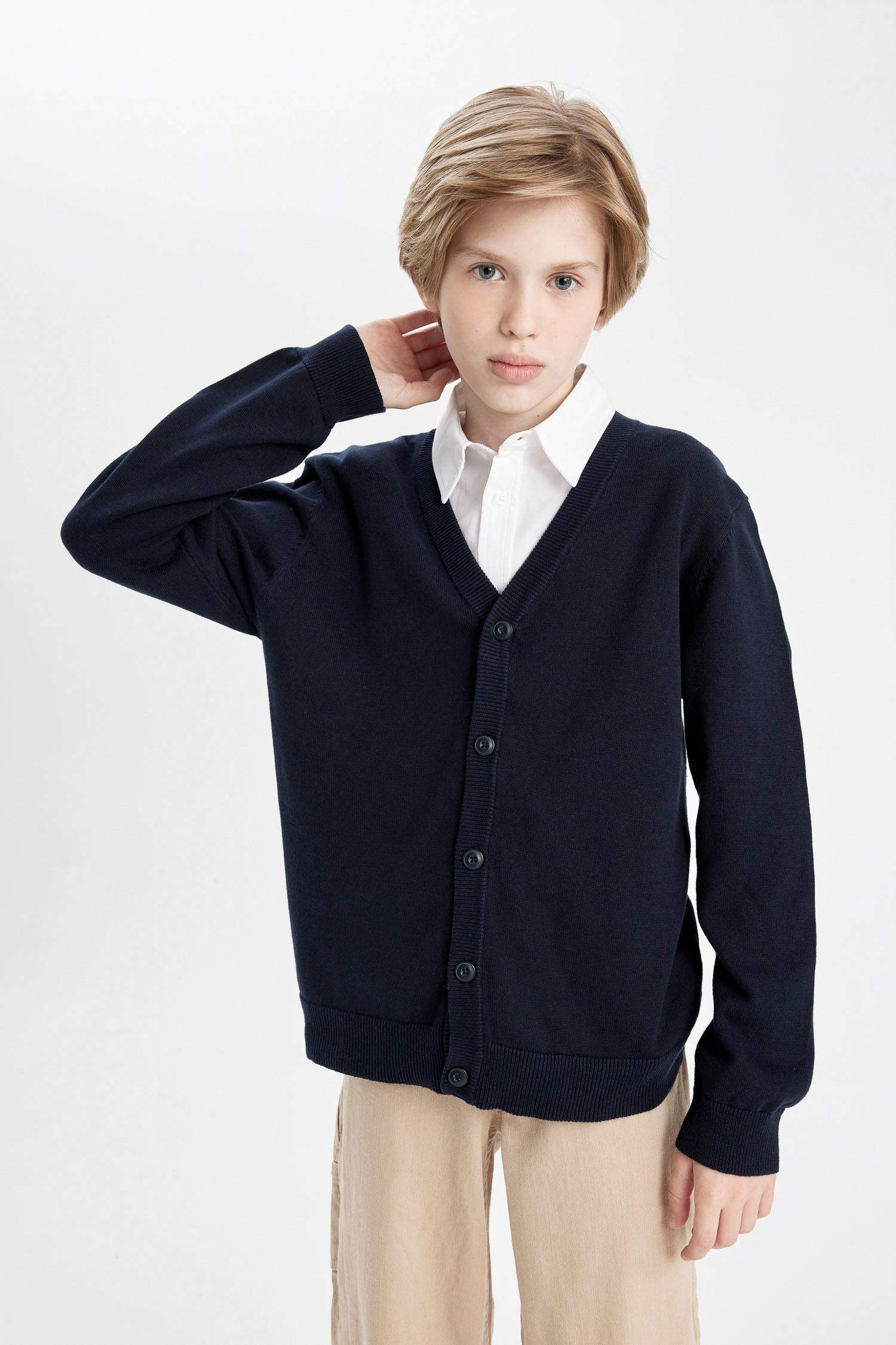 Boy Navy Blue V Neck Buttoned Knitted School Cardigan