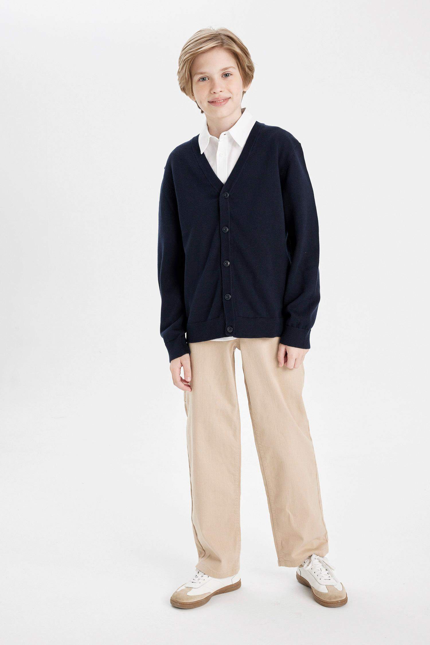 Boy Navy Blue V Neck Buttoned Knitted School Cardigan