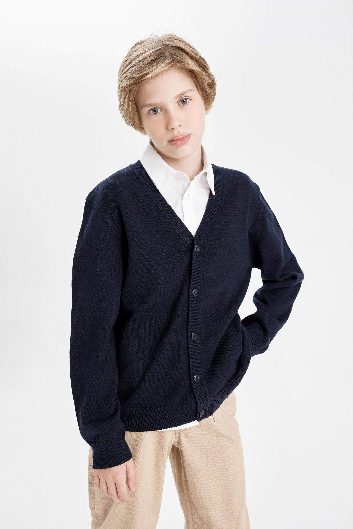 Boy Navy Blue V Neck Buttoned Knitted School Cardigan
