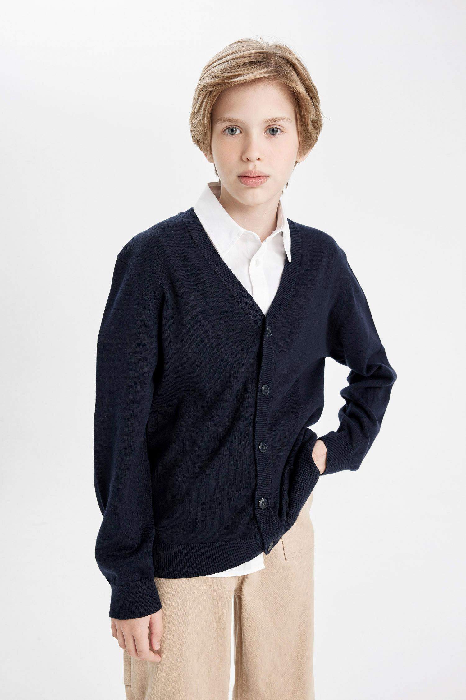 Boy Navy Blue V Neck Buttoned Knitted School Cardigan