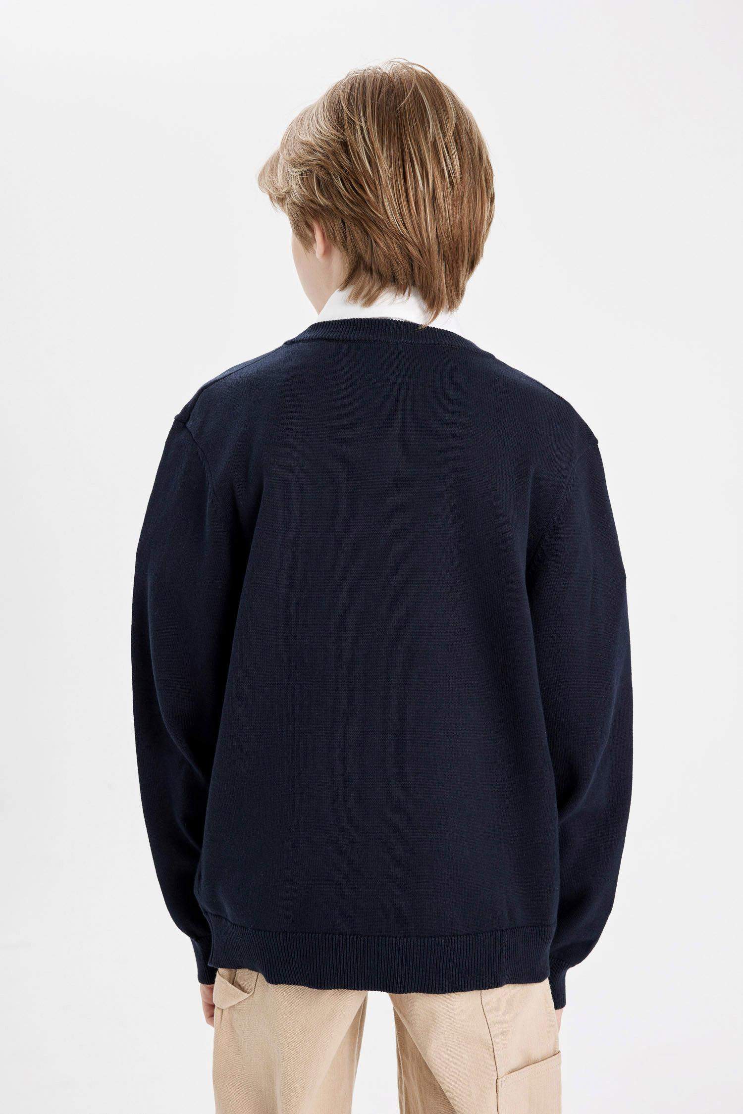 Boy Navy Blue V Neck Buttoned Knitted School Cardigan