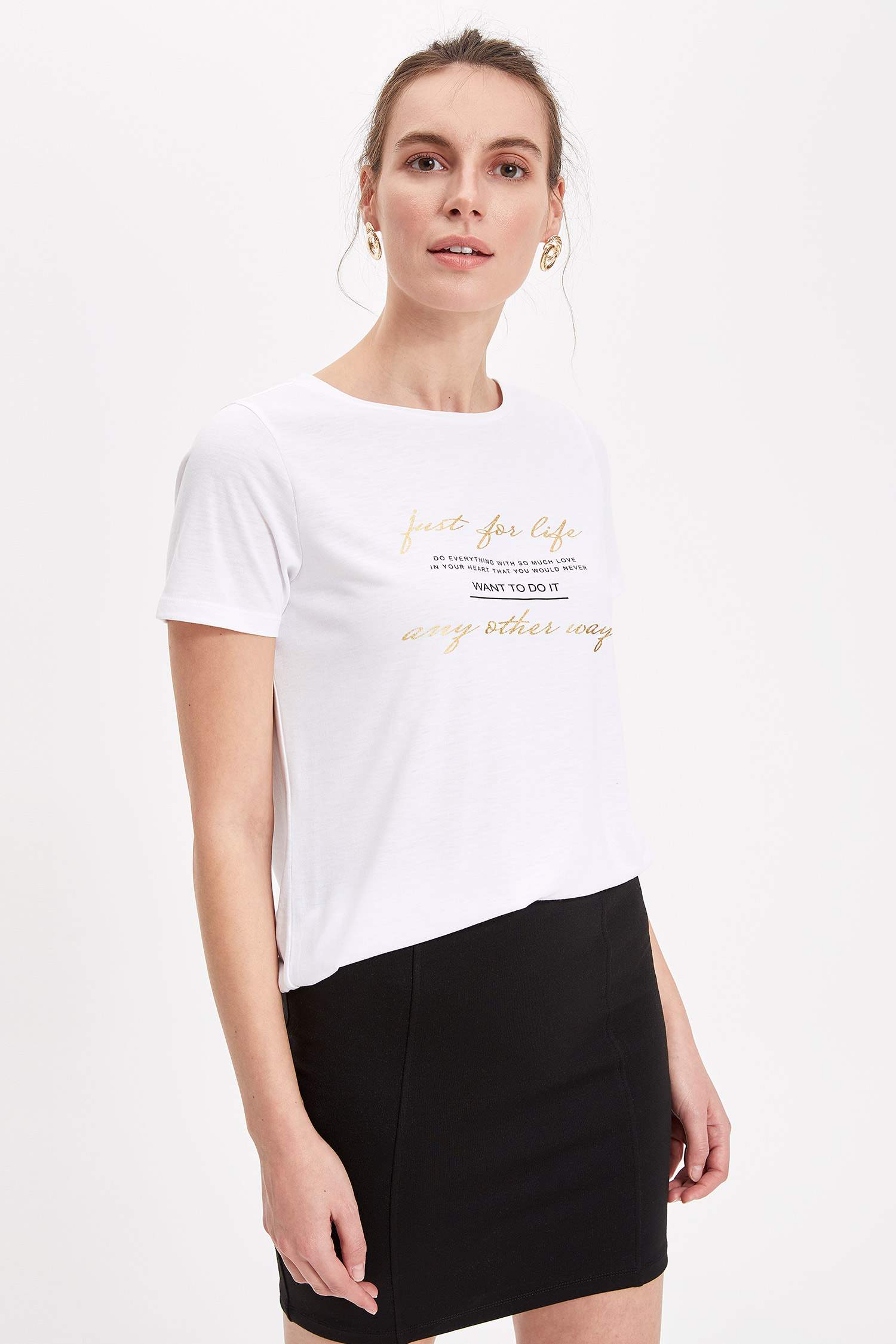 Defacto Yazı Baskılı Bisiklet Yaka T-shirt. 1