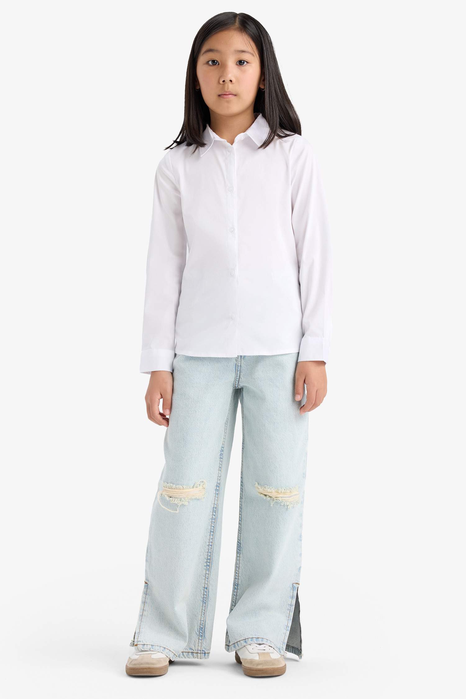 Girl Slim Fit Bengaline Long Sleeve White School Shirt