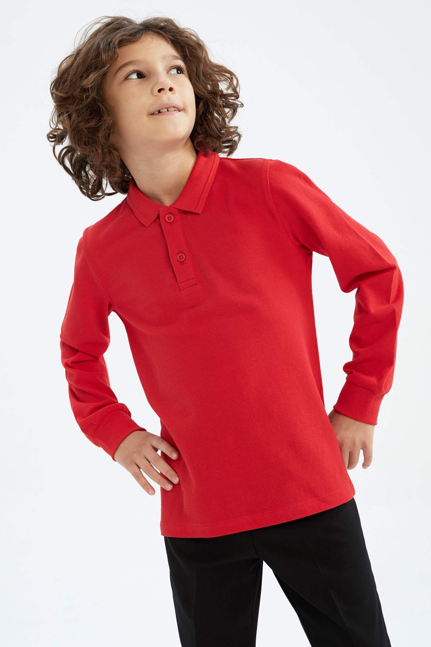 Erkek Çocuk Kırmızı Polo Yaka Uzun Kollu Okul Tişört