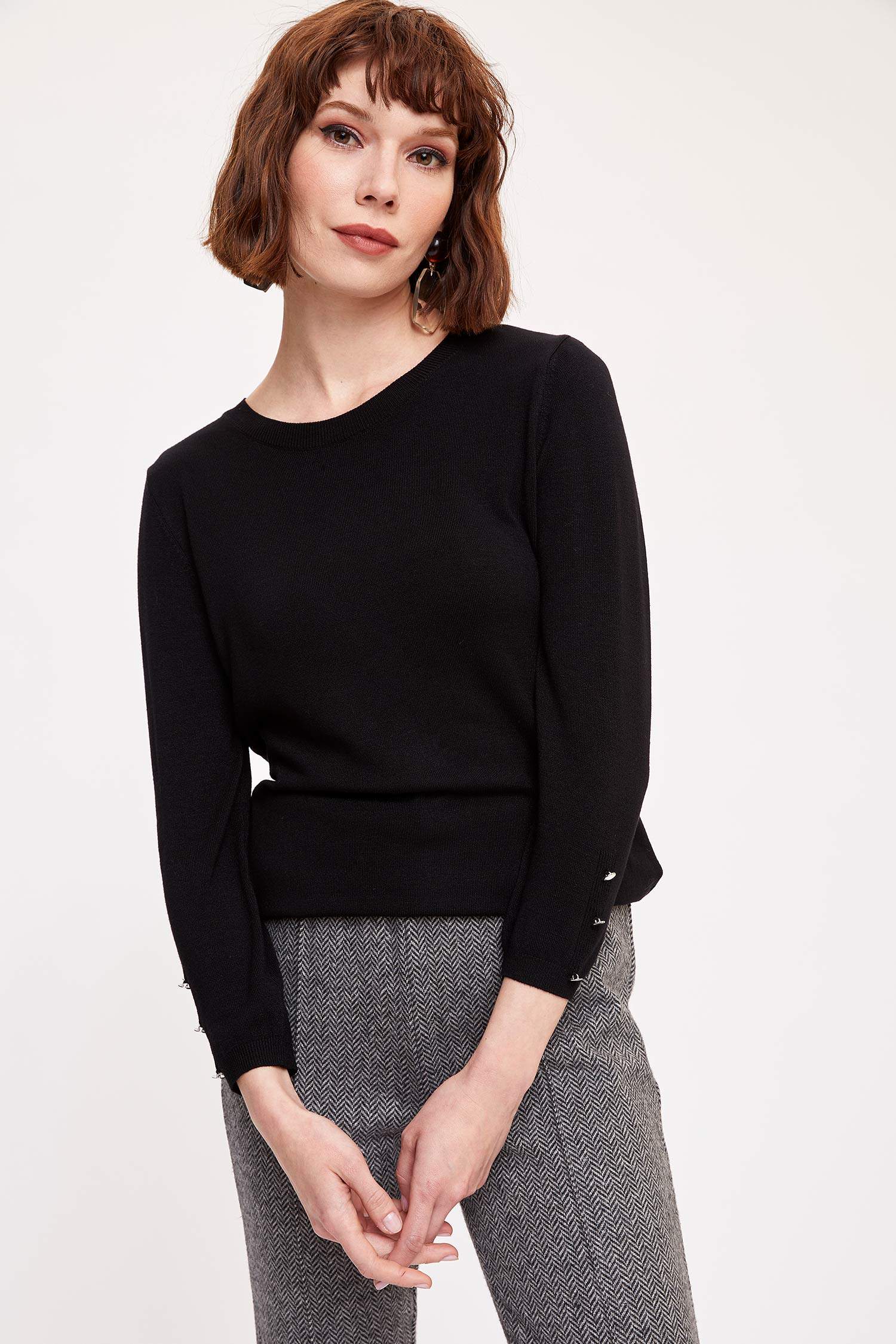 Defacto Kolları Düğmeli Slim Fit Triko Kazak. 1