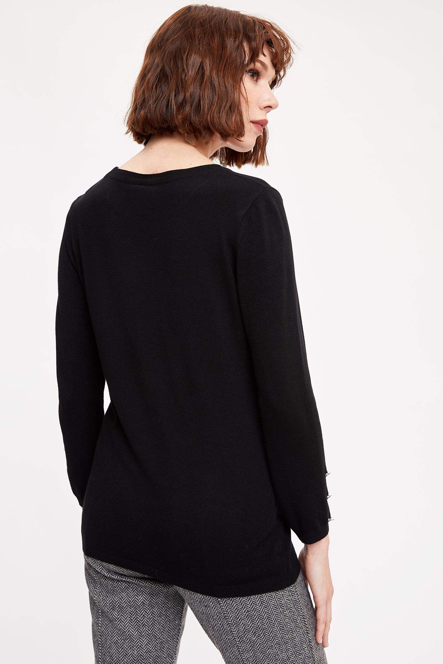 Defacto Kolları Düğmeli Slim Fit Triko Kazak. 4