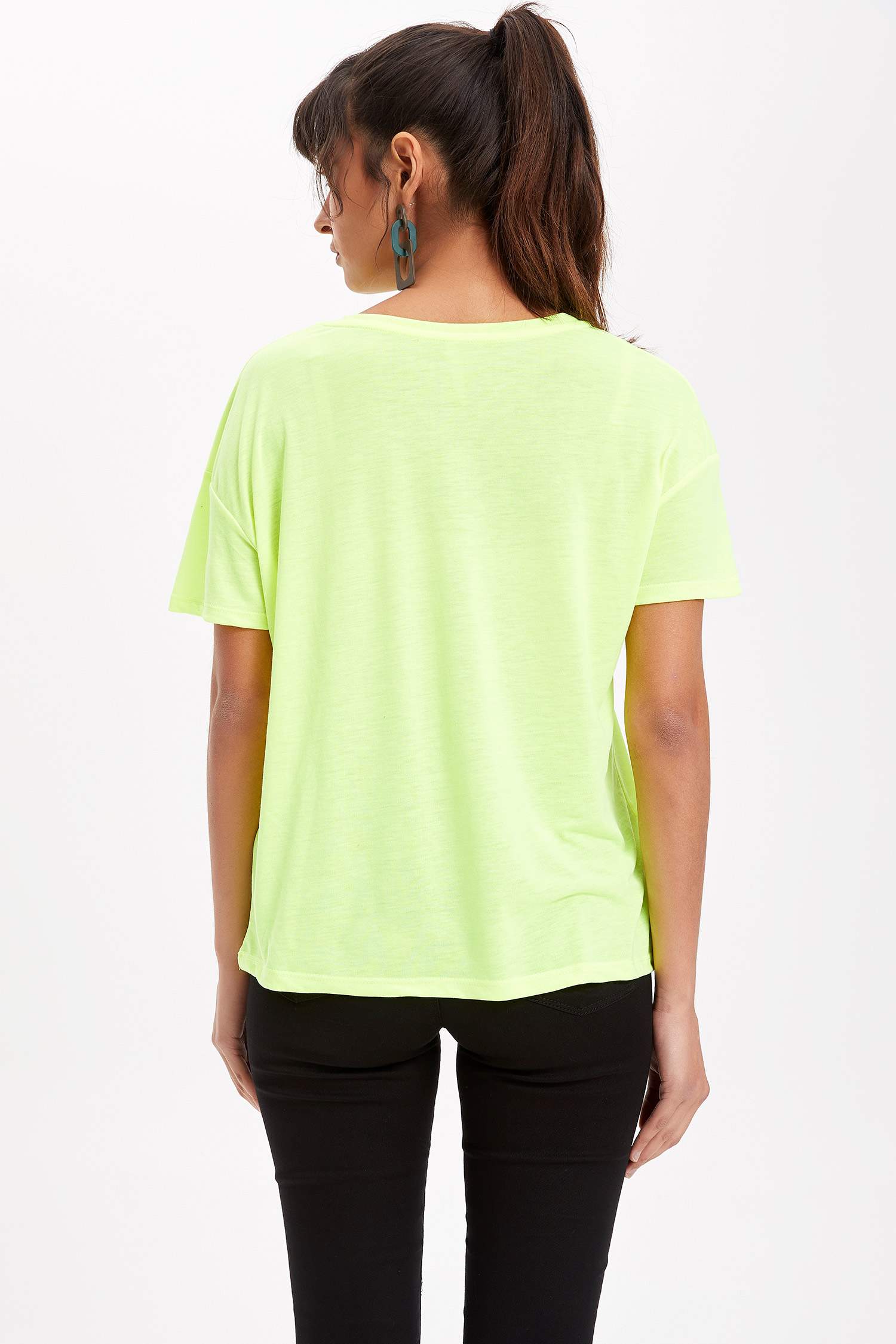 Defacto Baskılı Yuvarlak Yaka Neon T-shirt. 4