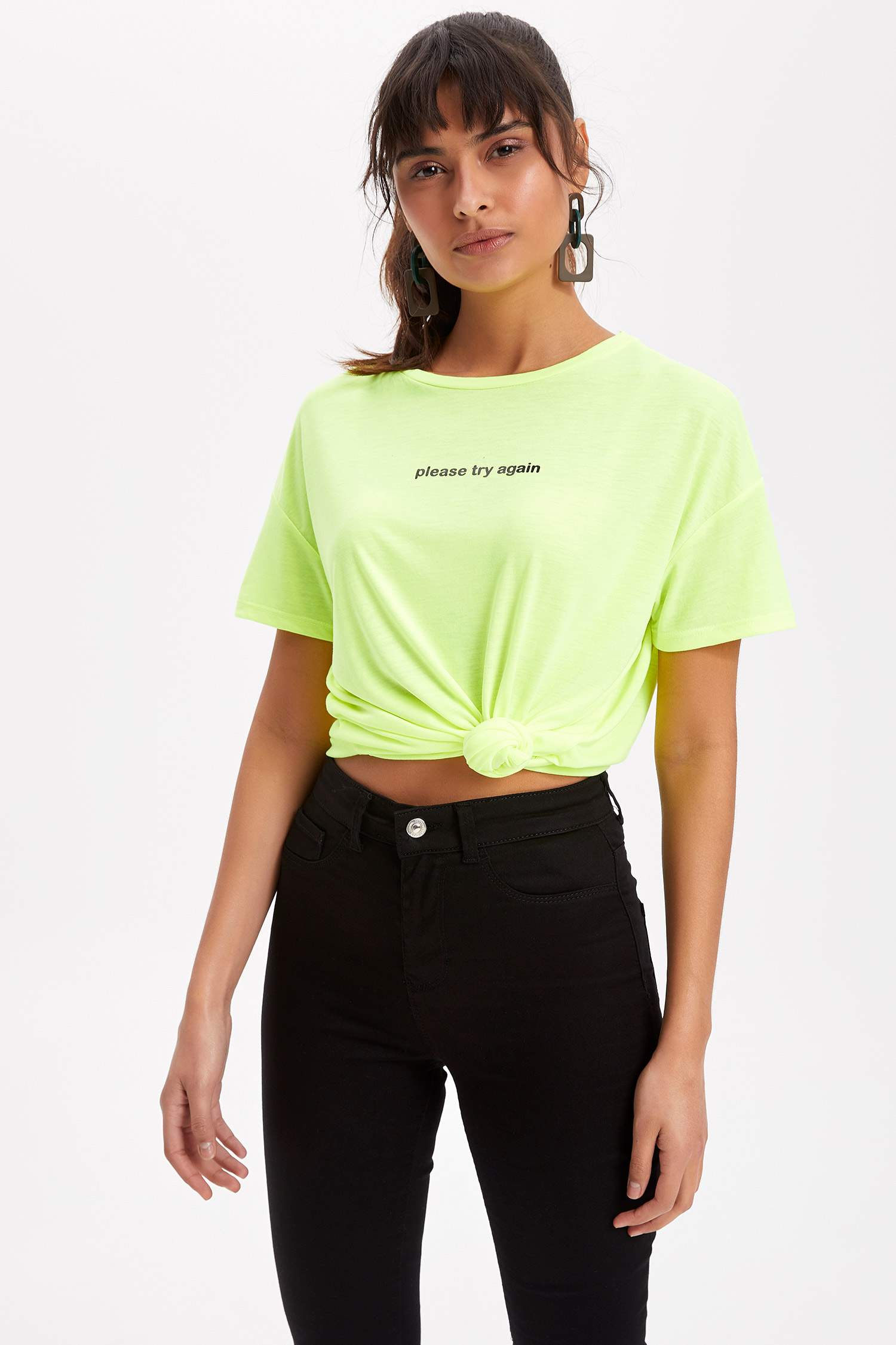 Defacto Baskılı Yuvarlak Yaka Neon T-shirt. 5