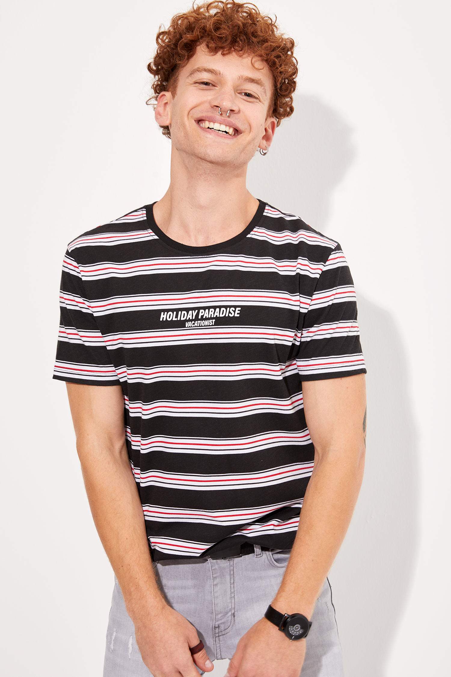 Defacto Çizgili Slim Fit T-shirt. 1