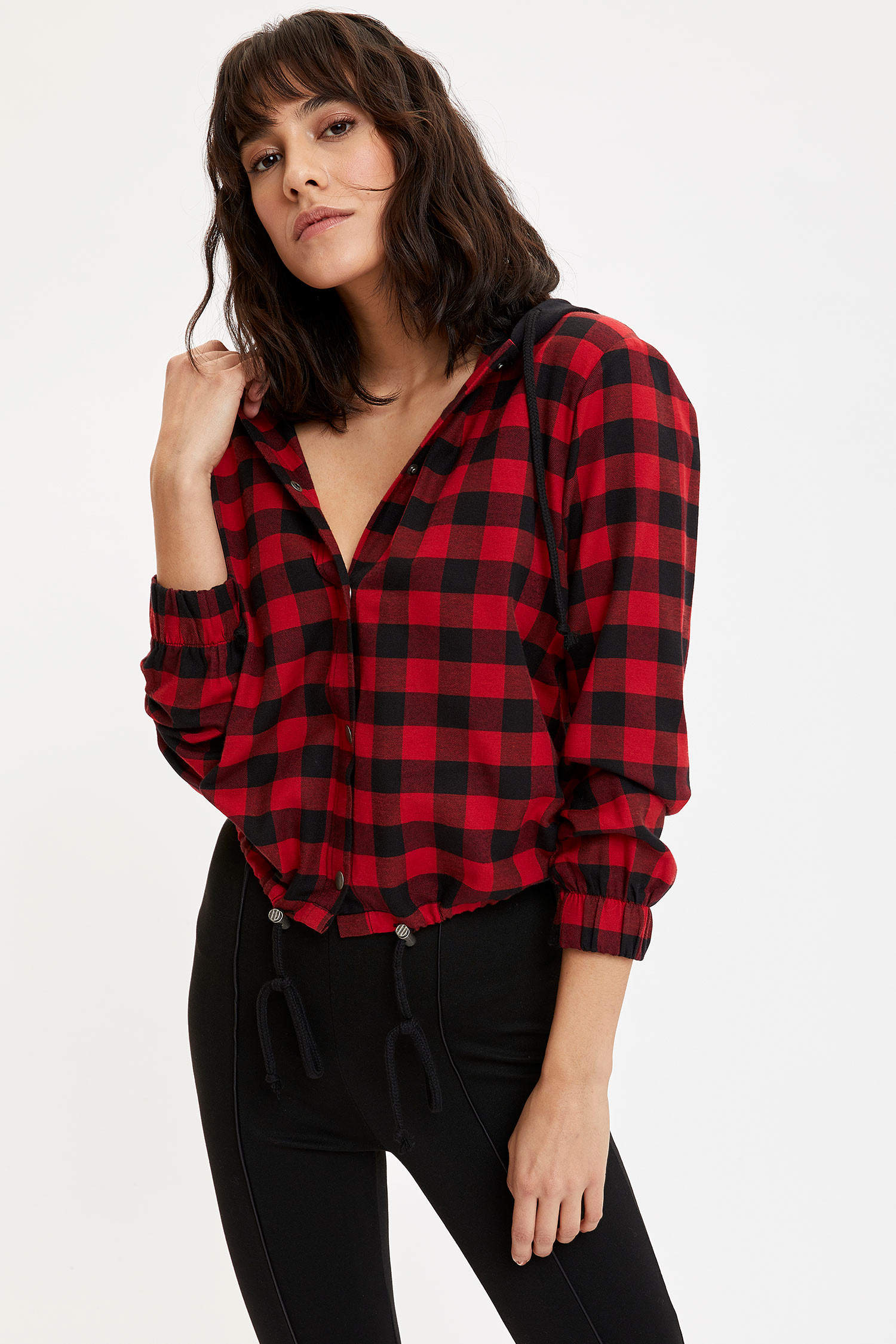 Red WOMAN Button-Up Plaid Hooded Tunic 1193729 | DeFacto