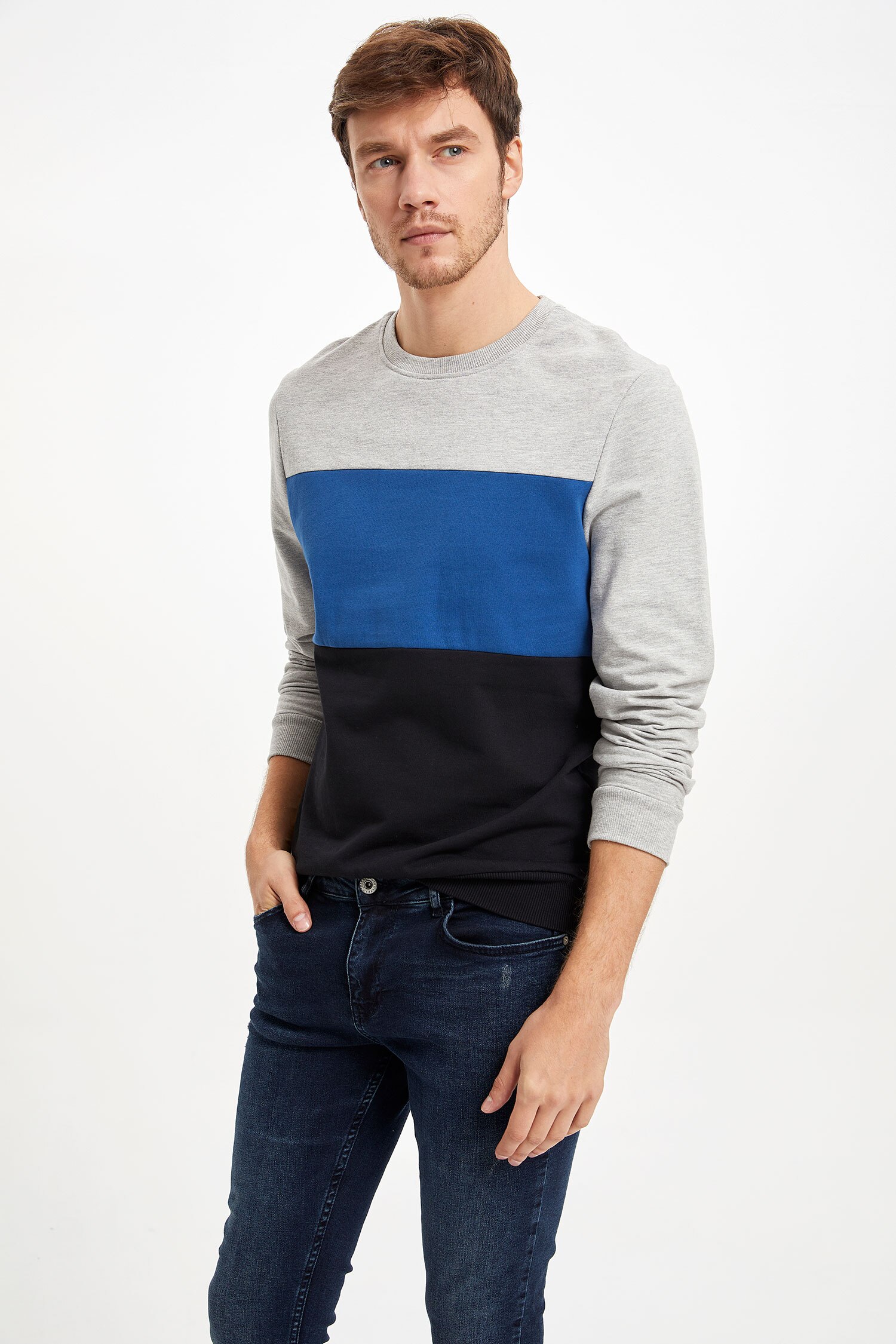 Defacto Renk Bloklu Slim Fit Sweatshirt. 1