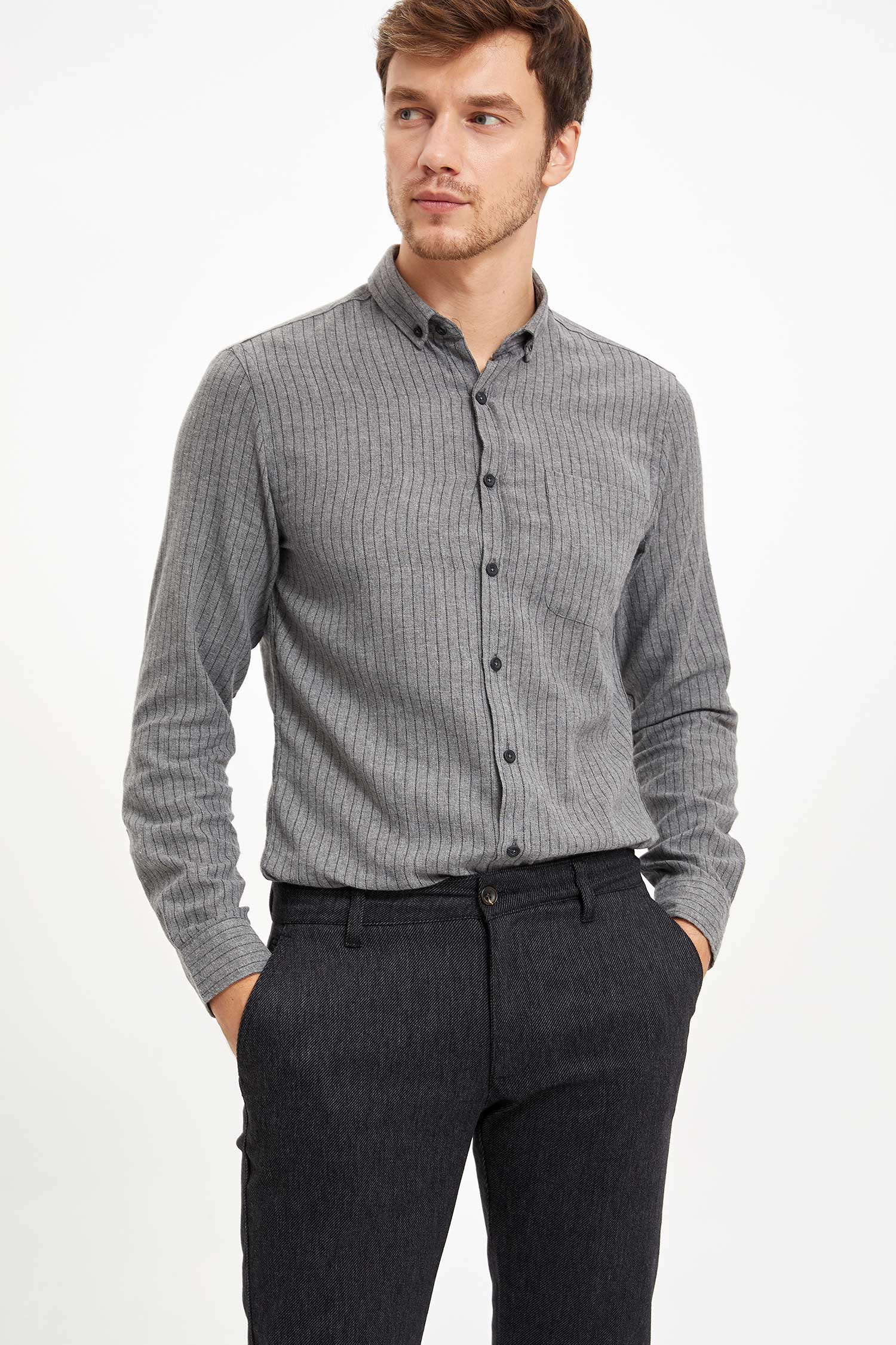 Defacto Slim Fit Çizgili Gömlek. 1