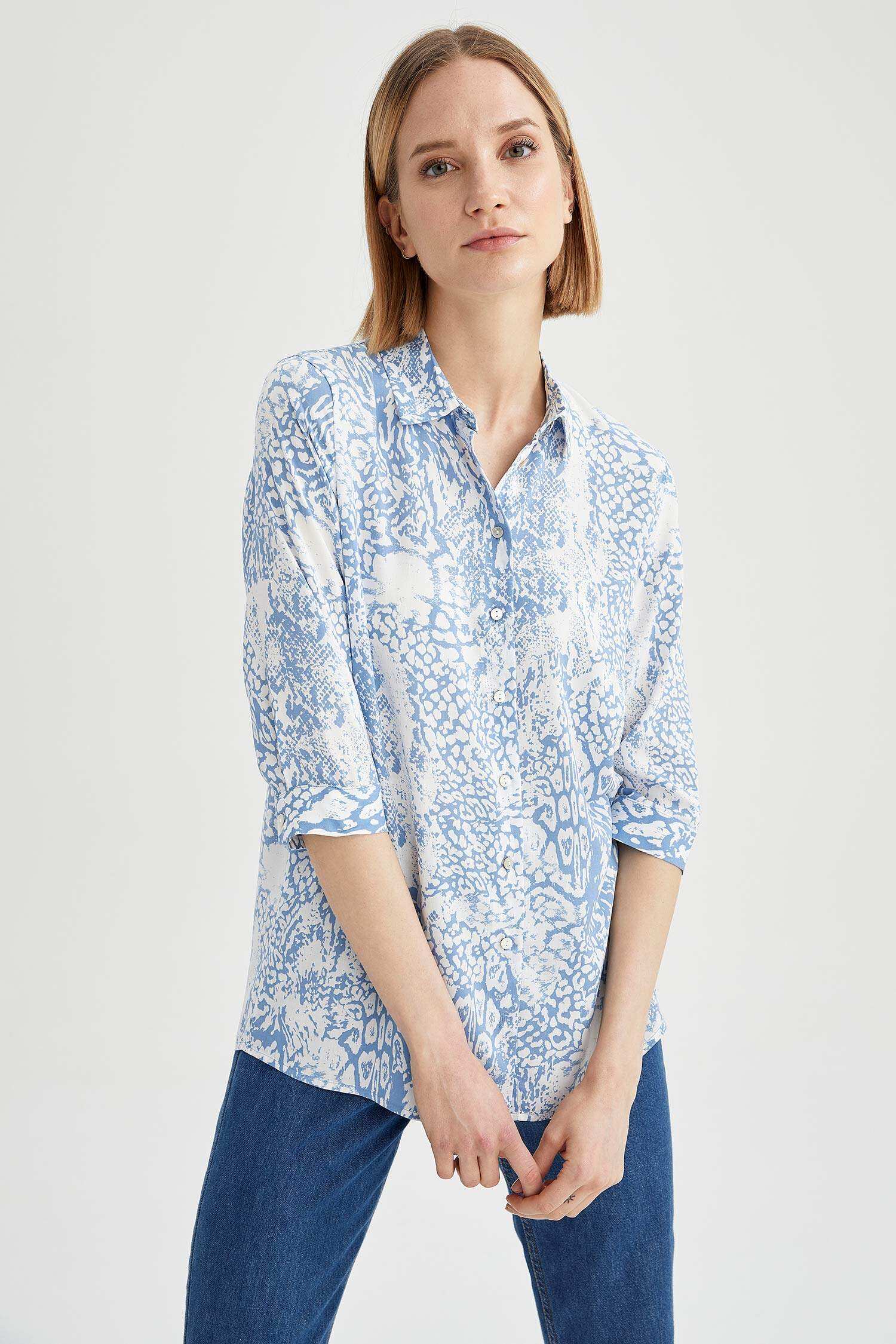 Blue WOMAN Floral Long Sleeve Shirt 1909003 | DeFacto