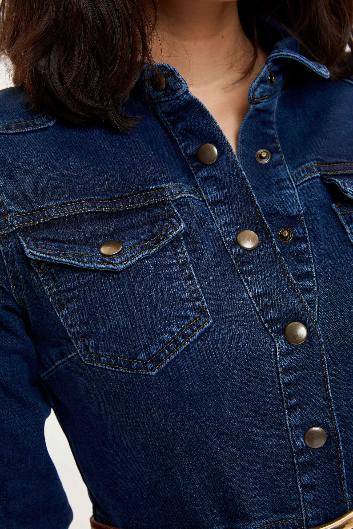Blue WOMAN Slim Fit Button Down Long Sleeve Denim Dress 1196628 DeFacto