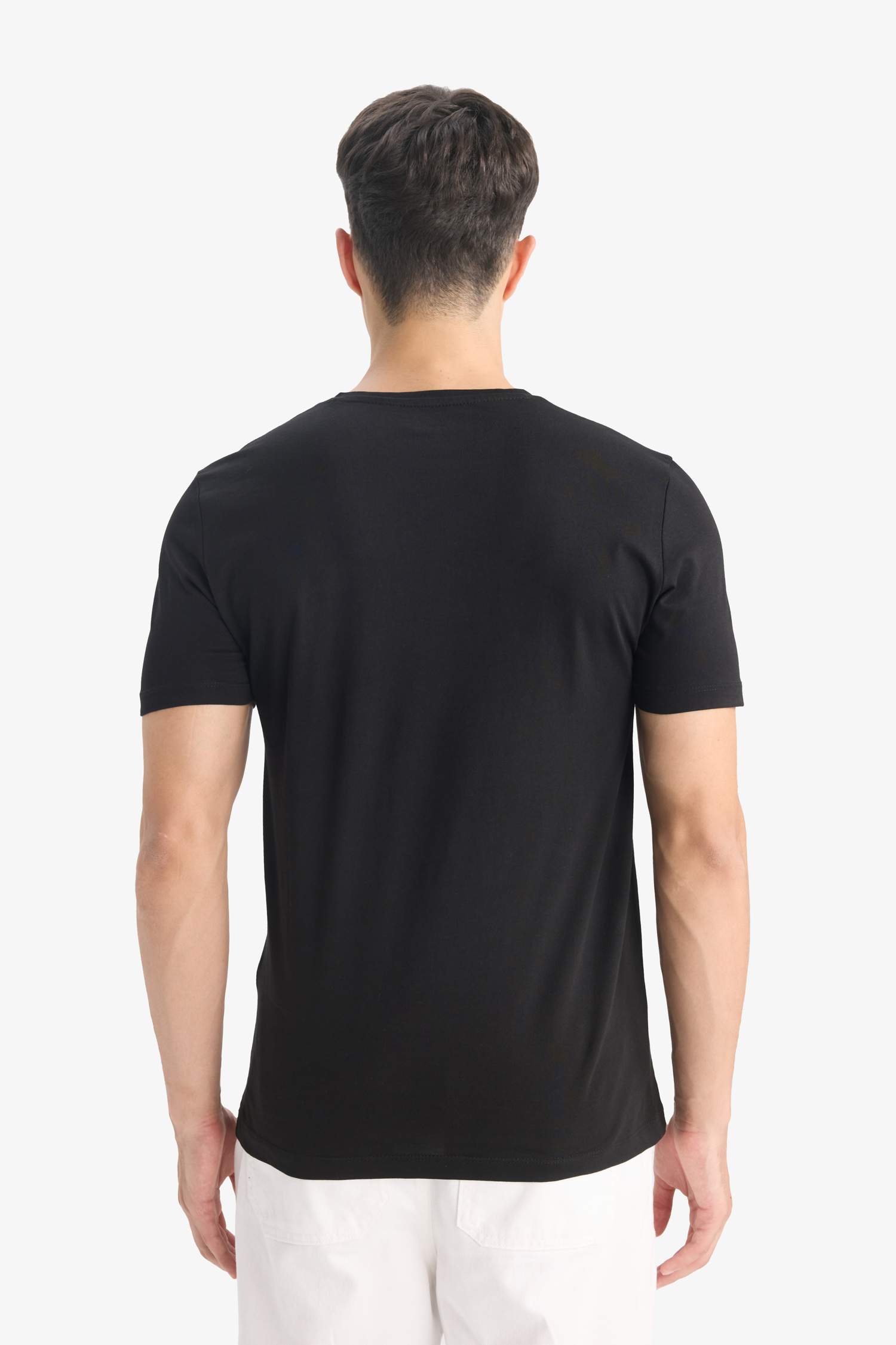 %100 Pamuk Slim Fit Dar Kesim V Yaka Basic Düz Kısa Kollu Siyah Tişört