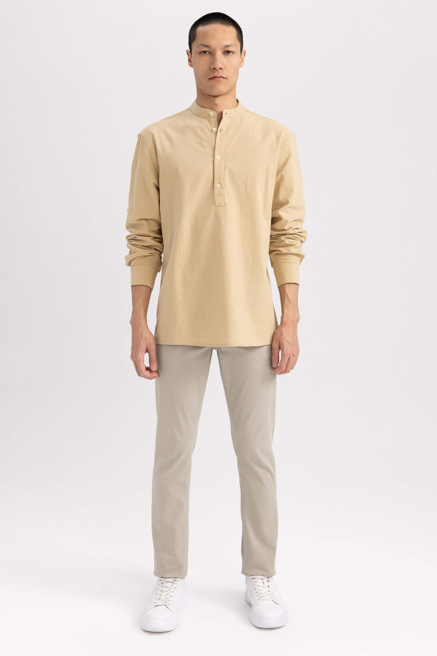 Slim Fit Stand Up Collar Long Sleeve Shirt