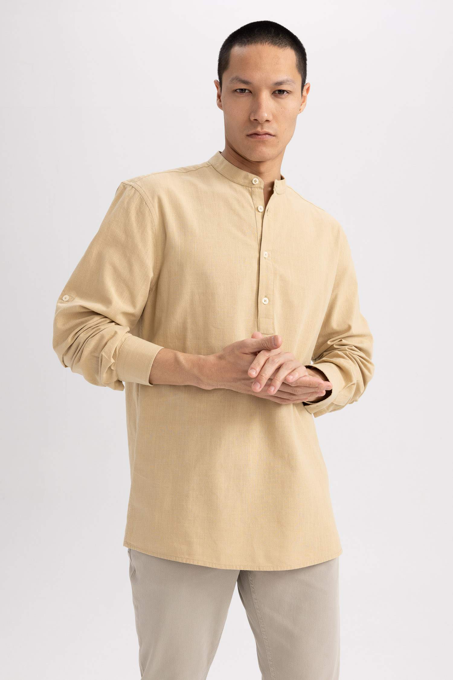 Slim Fit Stand Up Collar Long Sleeve Shirt
