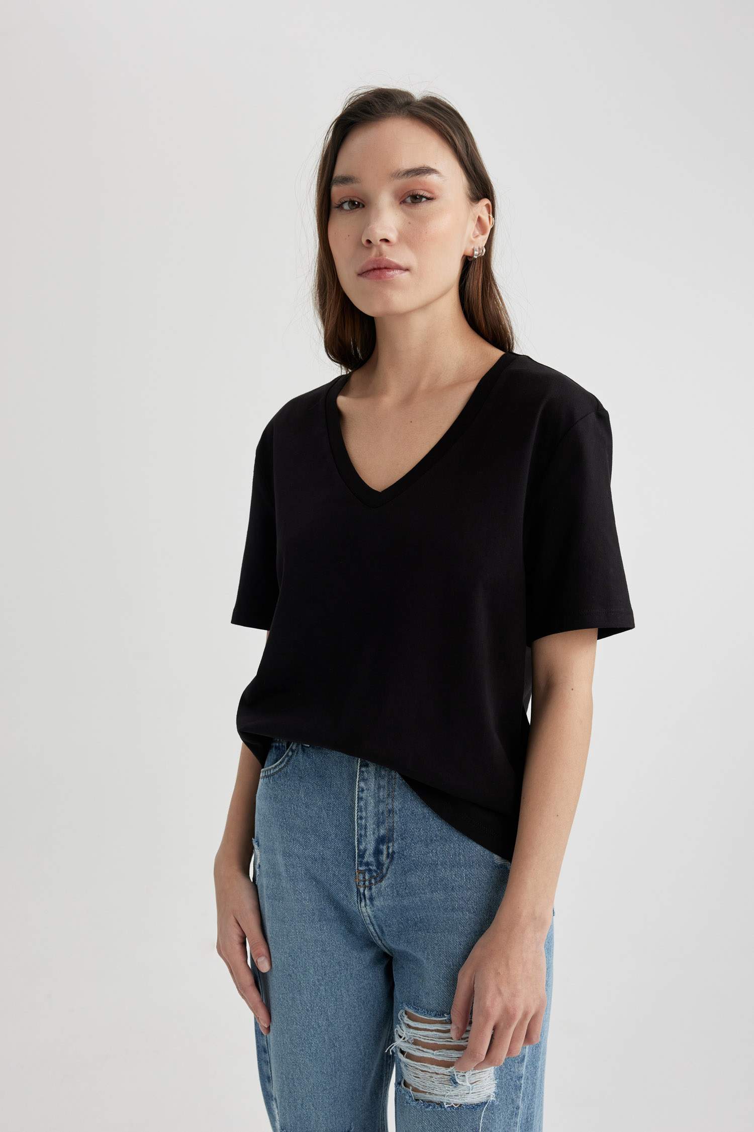 Regular Fit V Neck Cotton Basic T-Shirt