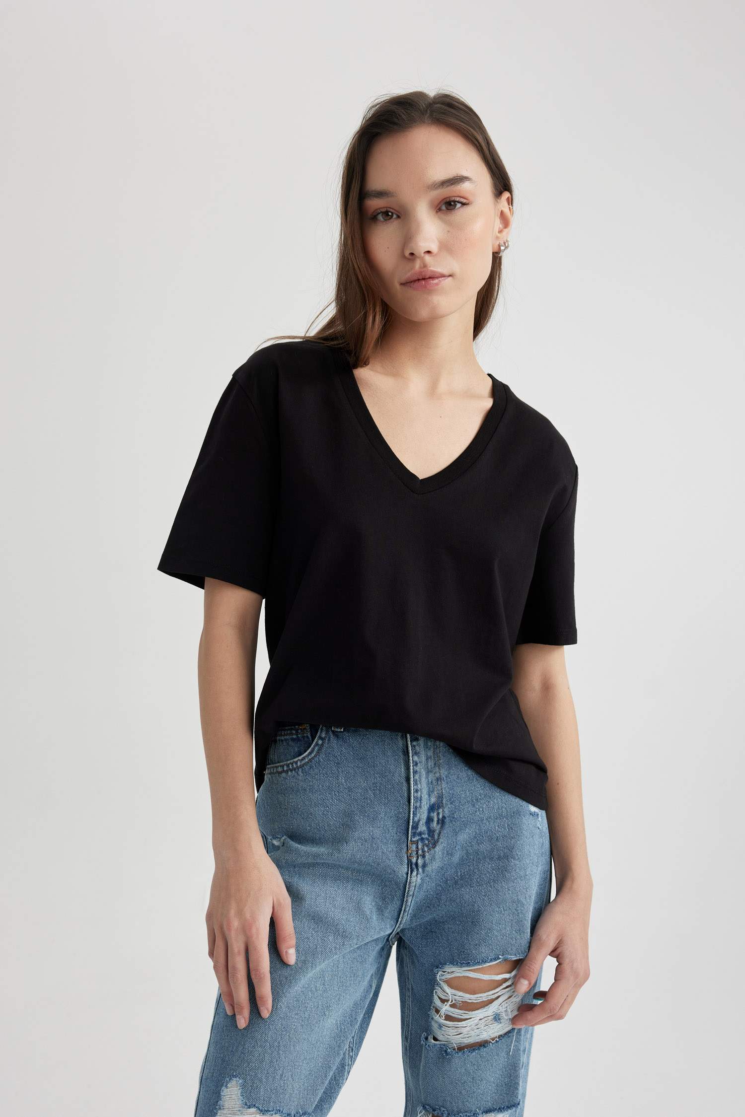 Regular Fit V Neck Cotton Basic T-Shirt