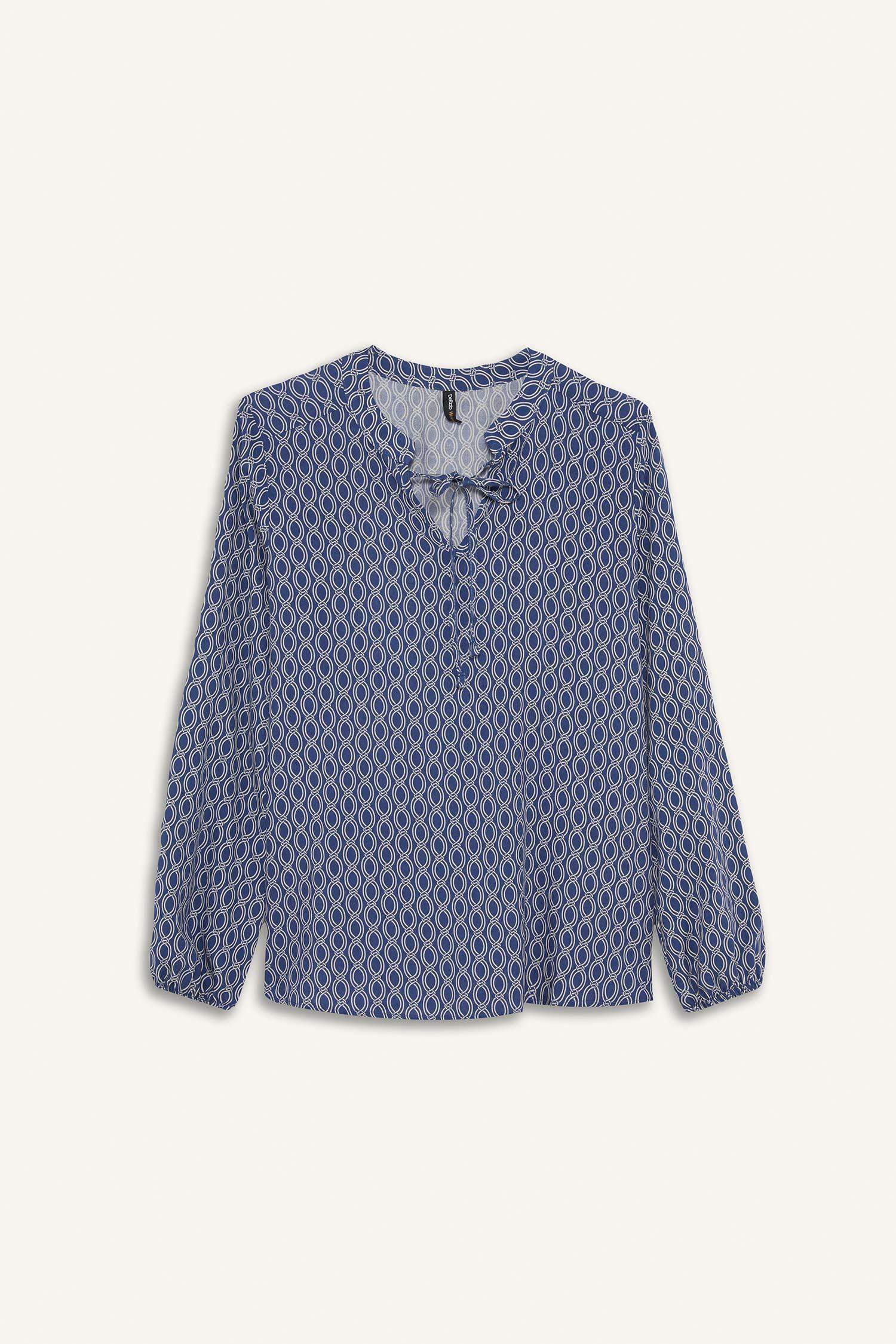 Regular Fit Bağcıklı Yaka Desenli Uzun Kollu Bluz