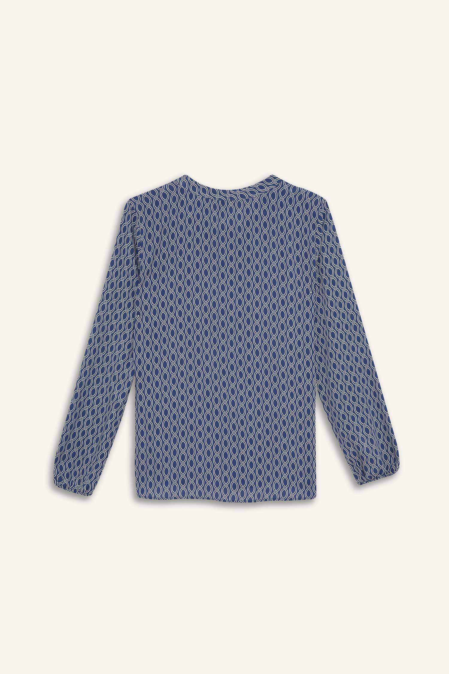 Regular Fit Bağcıklı Yaka Desenli Uzun Kollu Bluz