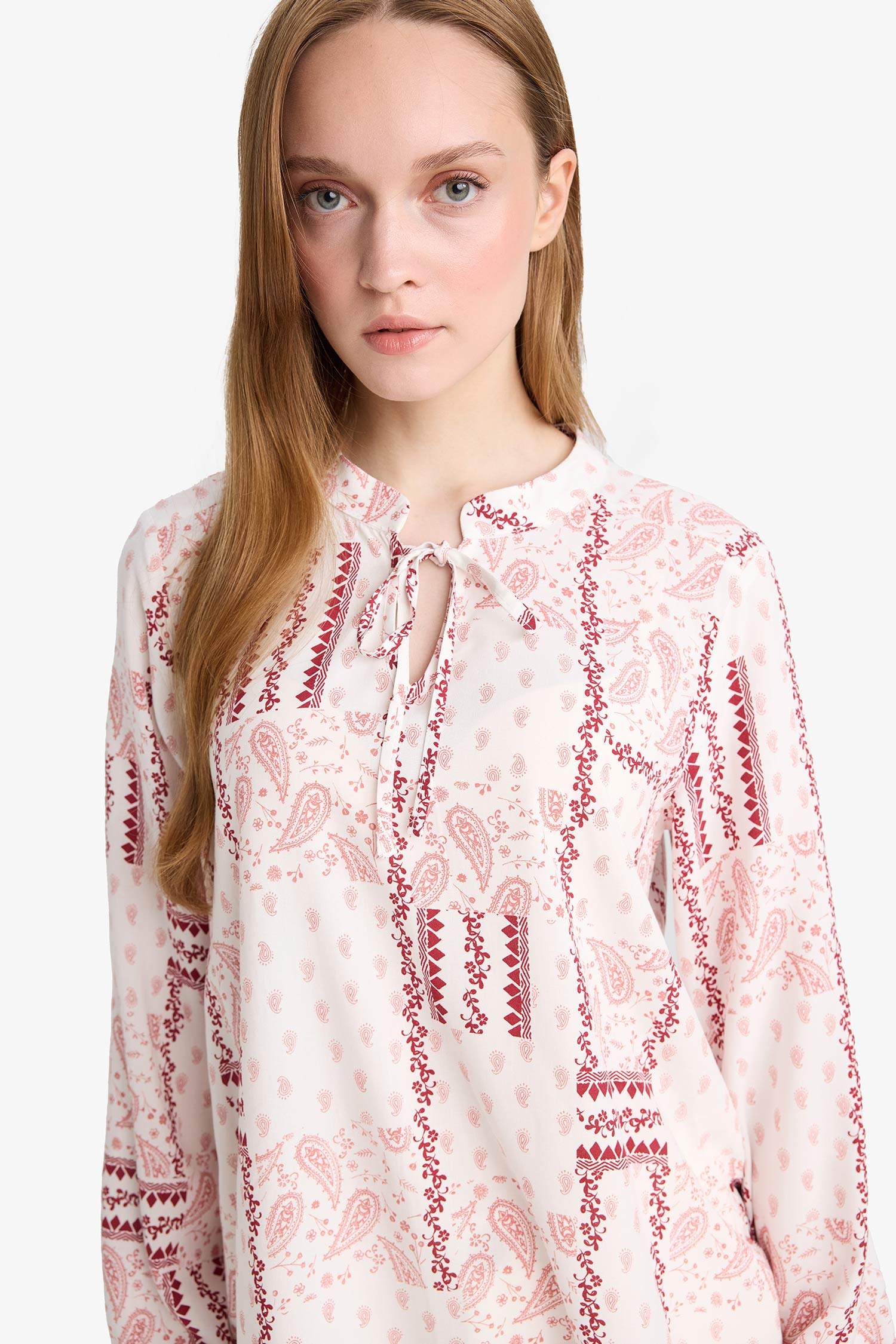 Regular Fit Desenli Apaş Yaka Uzun Kollu Bluz