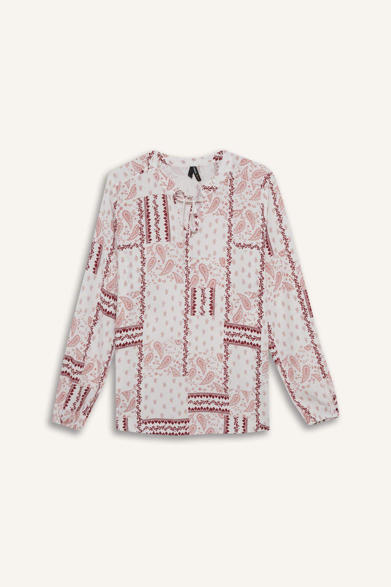 Regular Fit Desenli Apaş Yaka Uzun Kollu Bluz