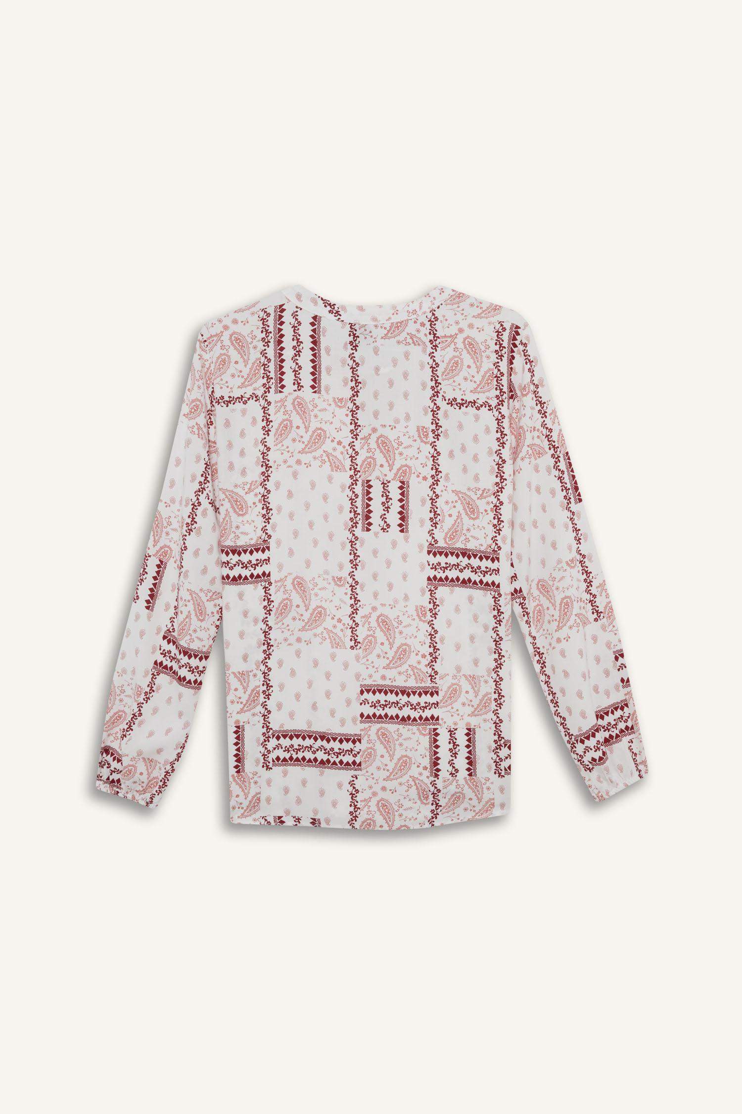 Regular Fit Desenli Apaş Yaka Uzun Kollu Bluz